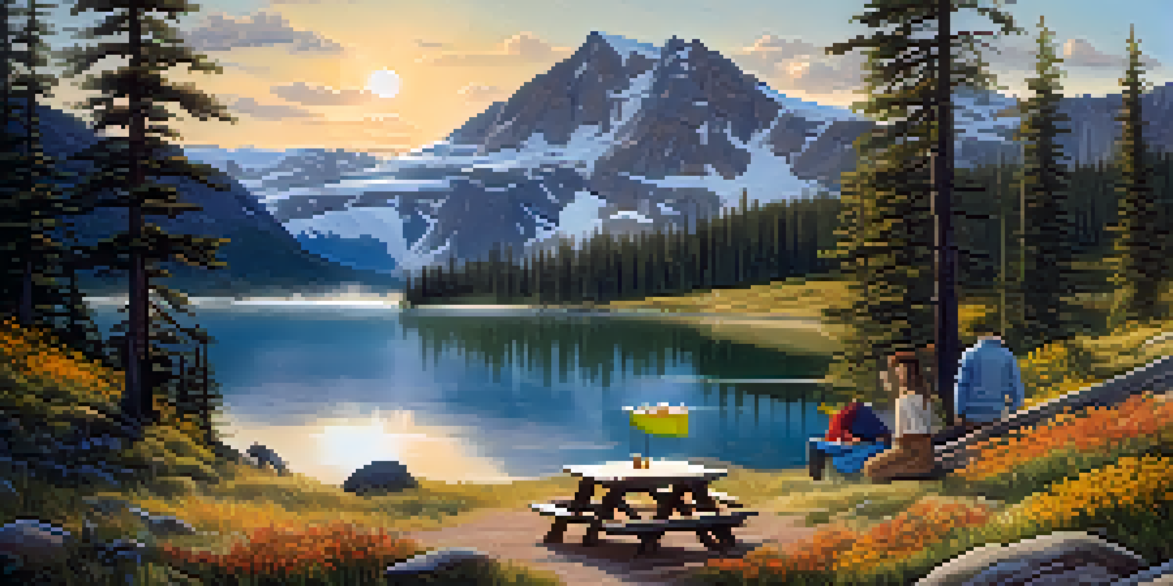 A peaceful campsite by a lake in Colorado with a cozy tent and snow-capped mountains in the background, as a family enjoys breakfast.