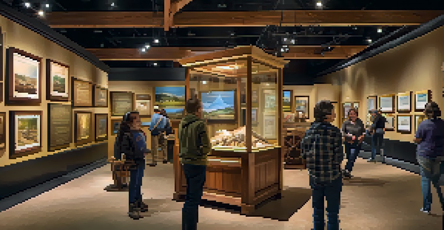 The interior of the History Colorado Center with visitors engaging in interactive displays about the Gold Rush, warm lighting, and modern design.