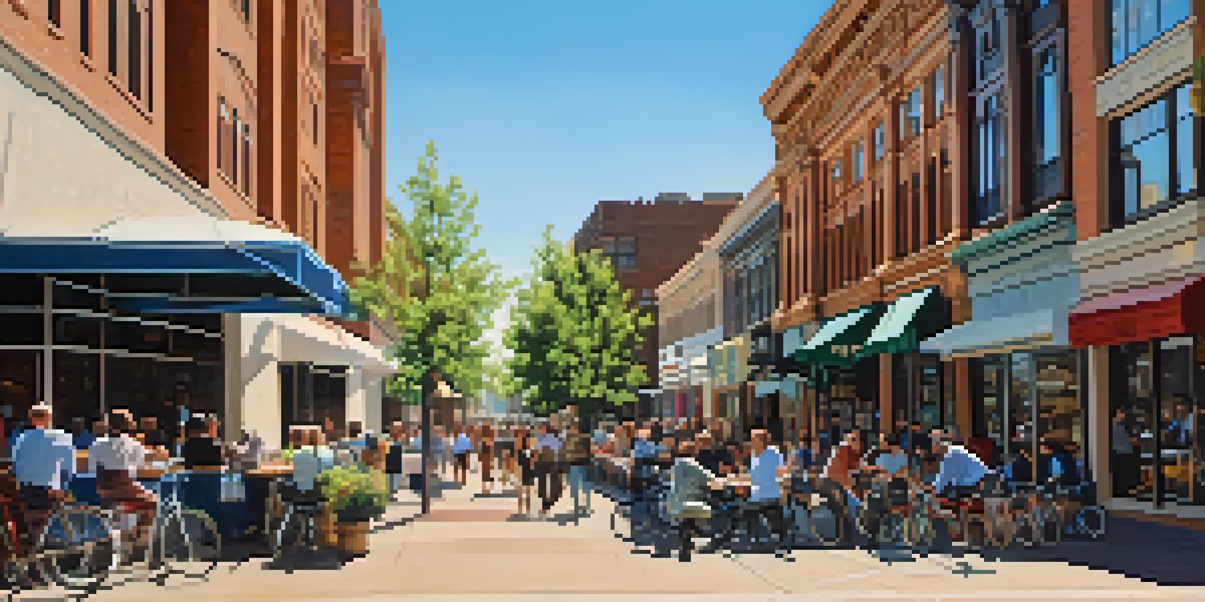 A lively street scene in Denver, Colorado, featuring modern and historic buildings, outdoor cafes, and people enjoying the day under a clear sky.