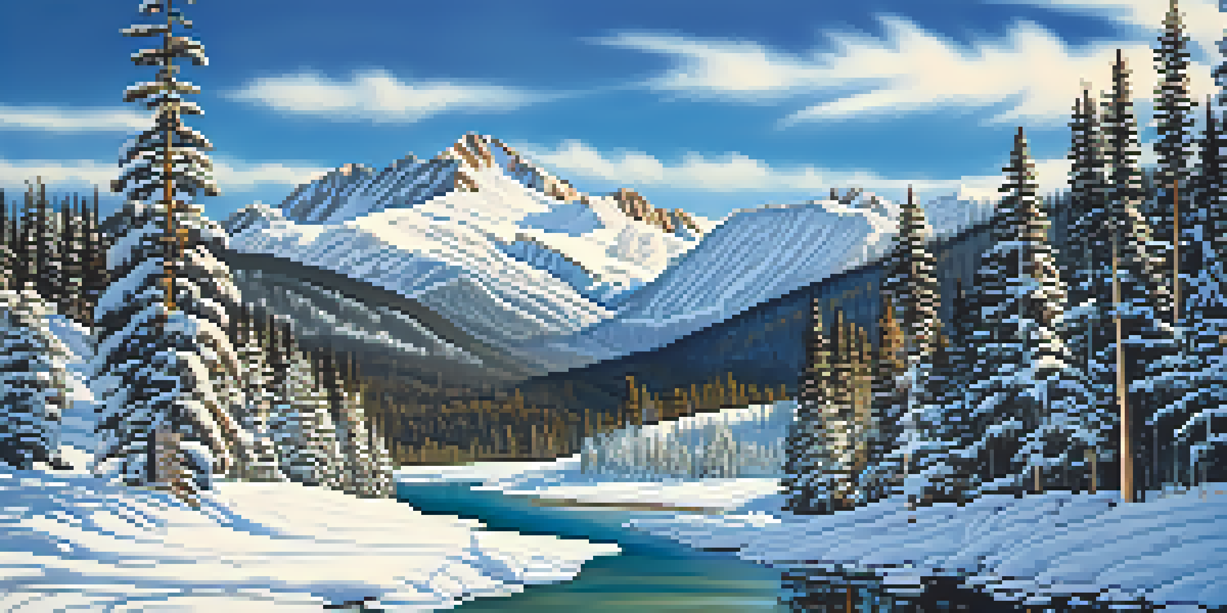 A beautiful winter landscape in Colorado with snow-covered mountains, a clear blue sky, and skiers on the slopes.
