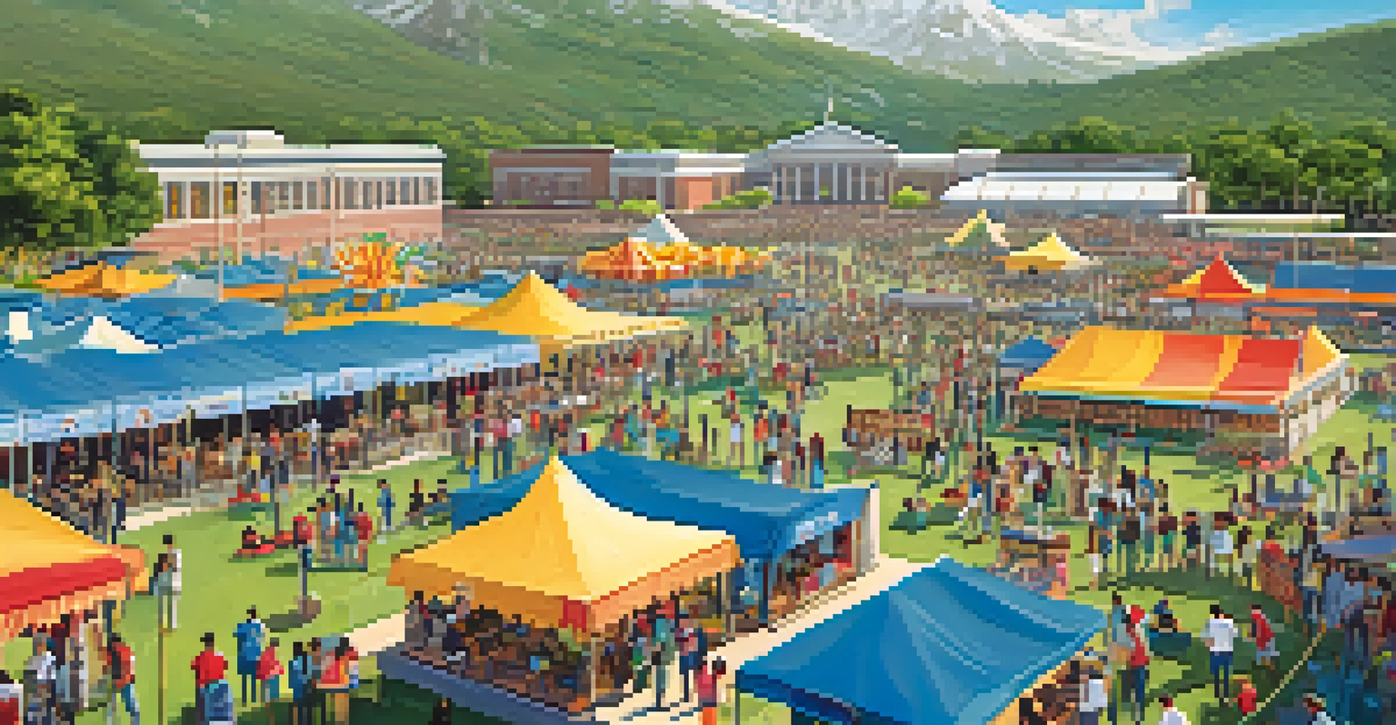 Aerial view of a lively campus event at a public university with colorful tents and students enjoying various activities.
