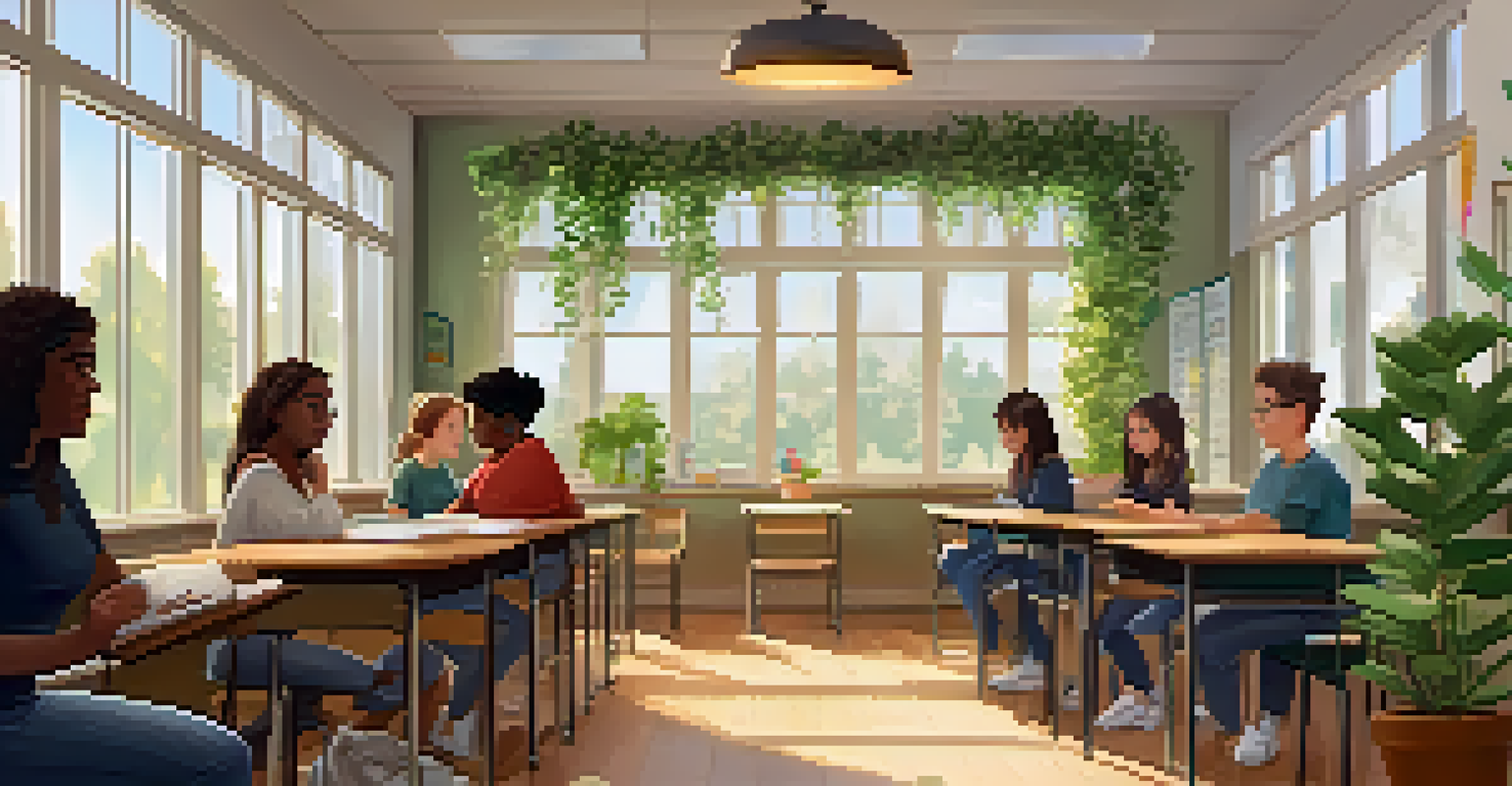 A teacher leading a mental health workshop in a cozy classroom filled with plants, as students engage in discussion under soft natural light.