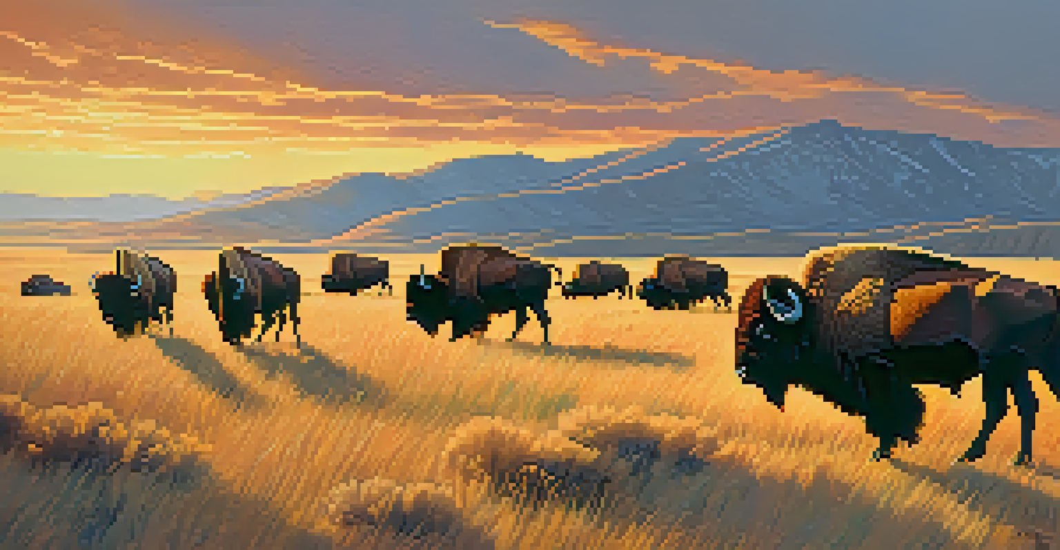 A herd of plains bison in a grassy field during sunset, with warm golden light highlighting their fur and the landscape.