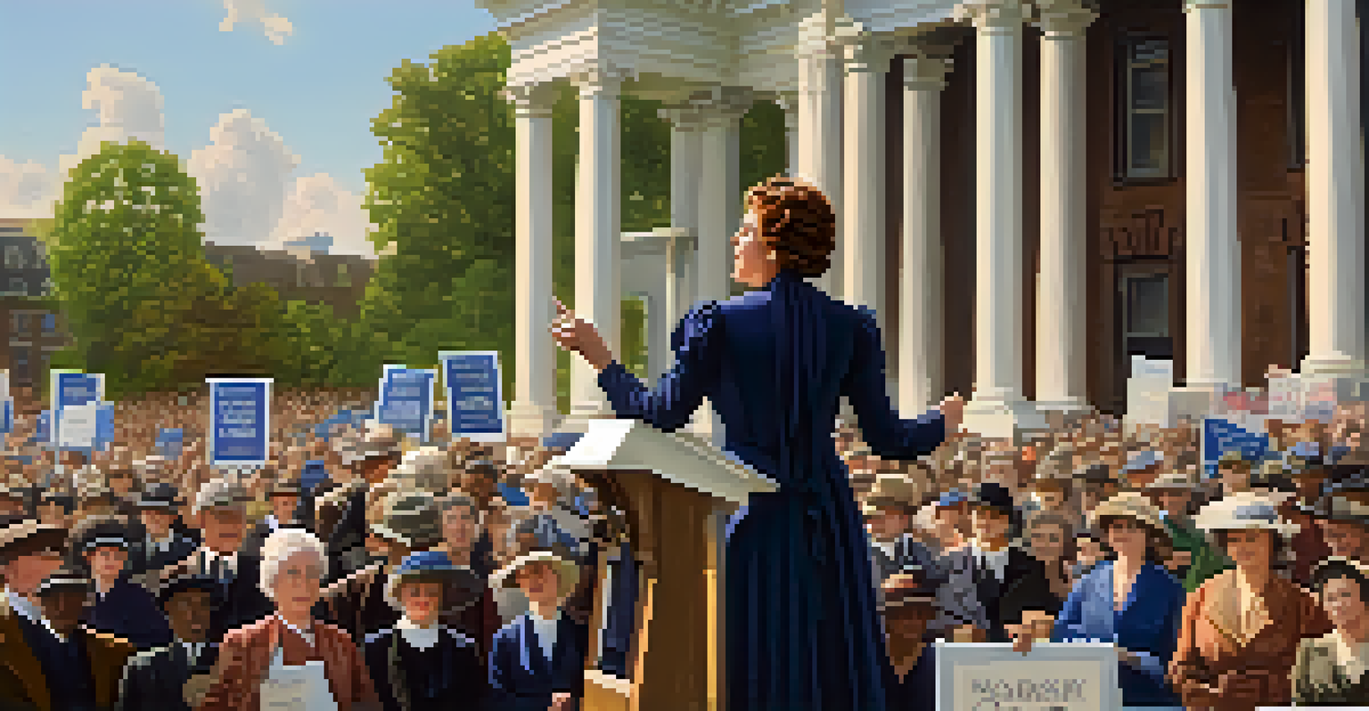 Margaret Brown speaking at a women's suffrage rally, with a diverse crowd and historic buildings in the background.