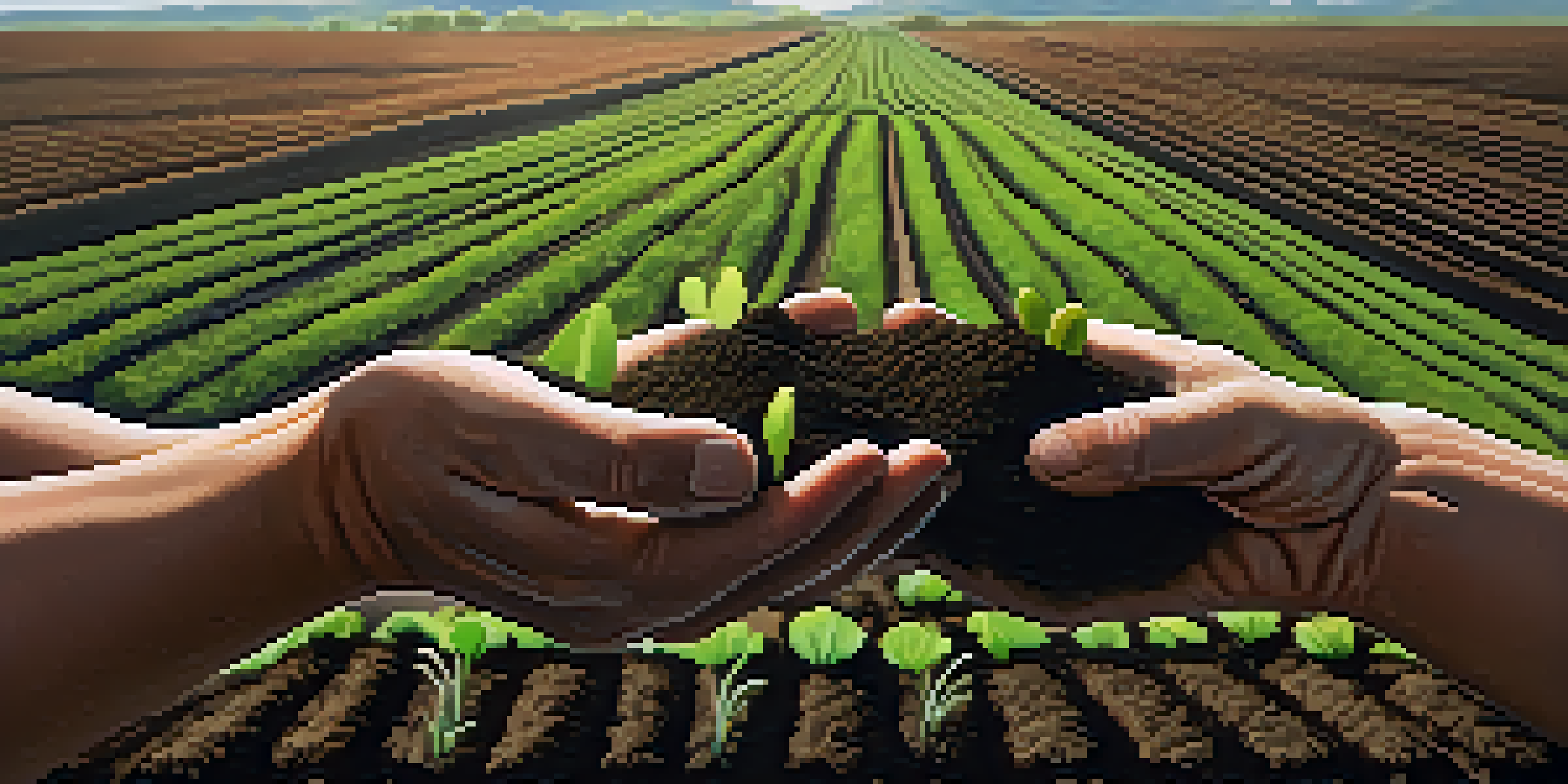 A close-up of hands holding soil with seedlings, representing sustainable farming, with crops in the background.