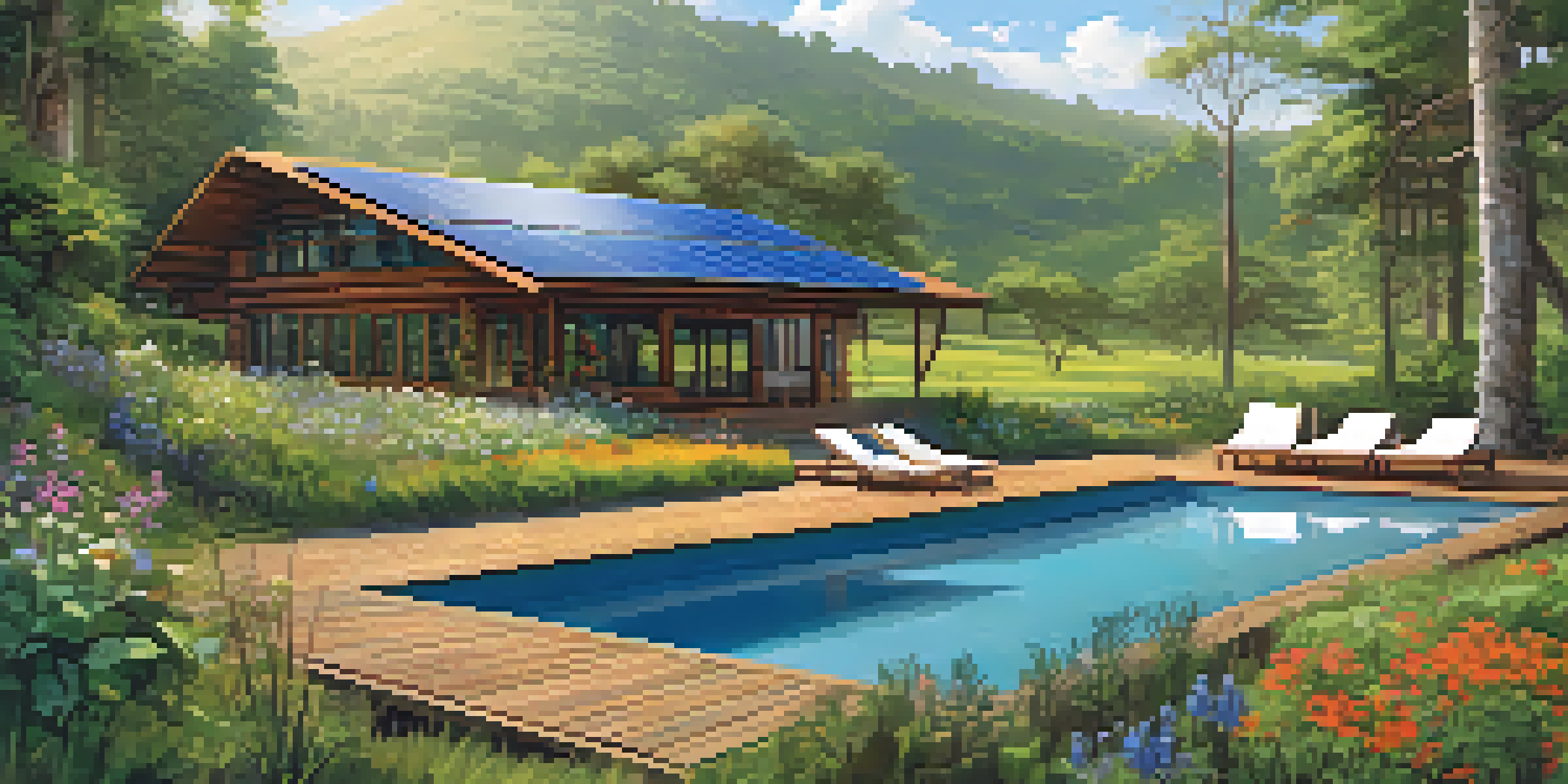 A peaceful eco-lodge surrounded by green trees and colorful flowers, with solar panels visible on the roof under a sunny sky.