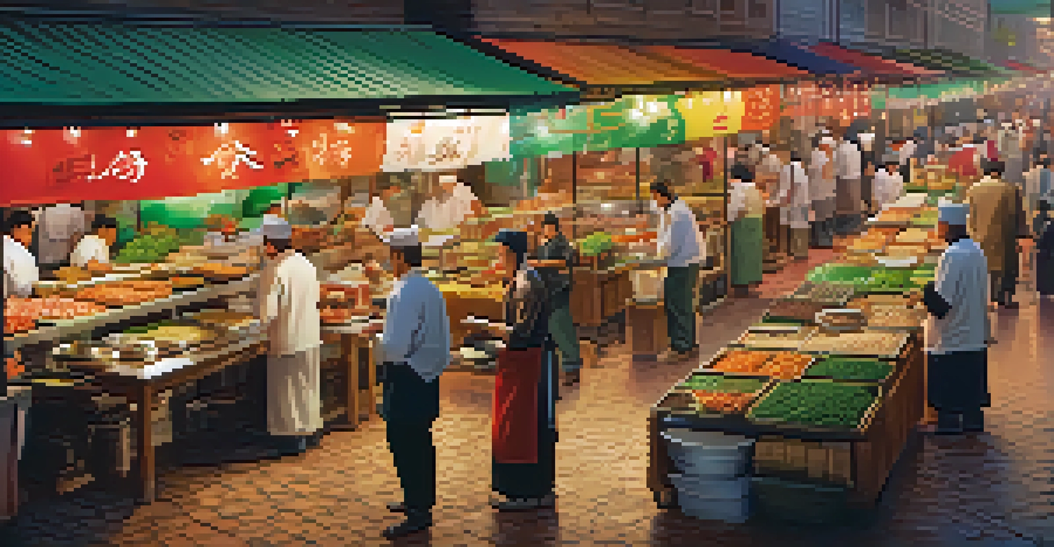 A lively food market with stalls offering diverse dishes, chefs cooking, and customers enjoying meals in warm lighting.