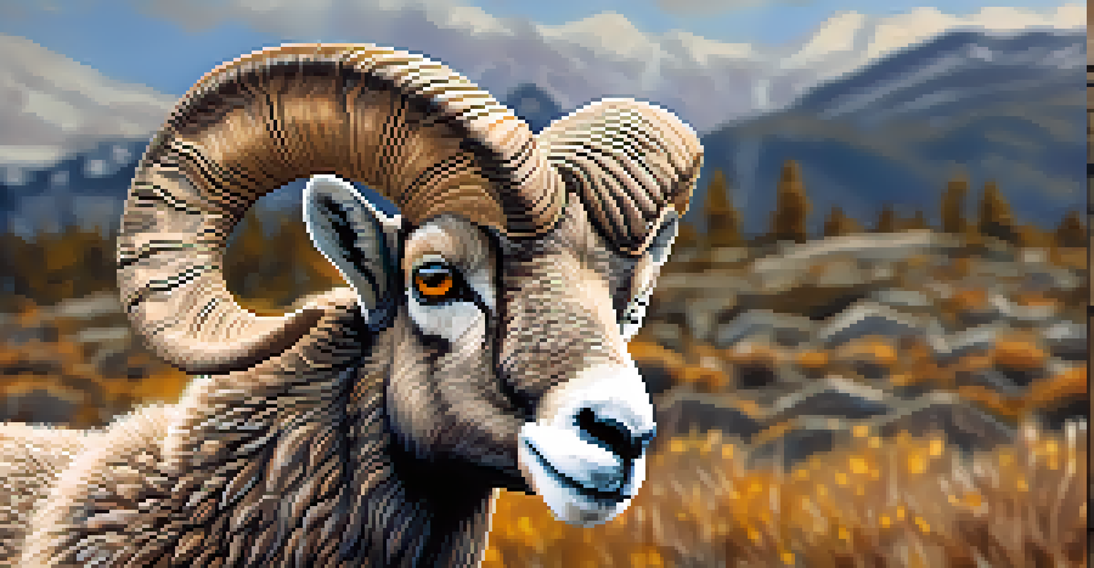 Close-up portrait of a Rocky Mountain Bighorn Sheep ram, highlighting its curled horns and thick wool coat.