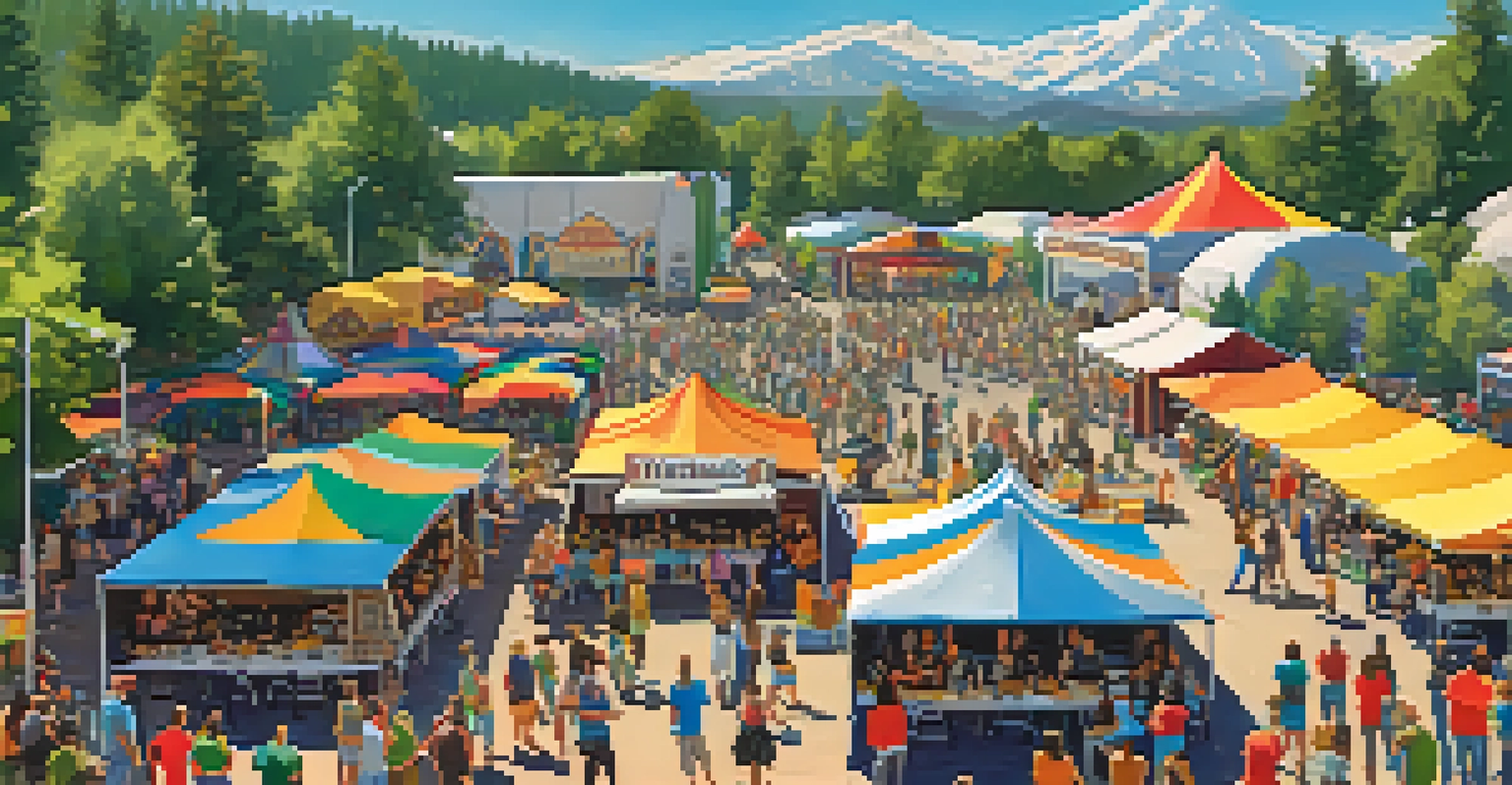 A vibrant outdoor craft beer festival with booths, food trucks, musicians, and happy visitors enjoying craft beer under a blue sky.