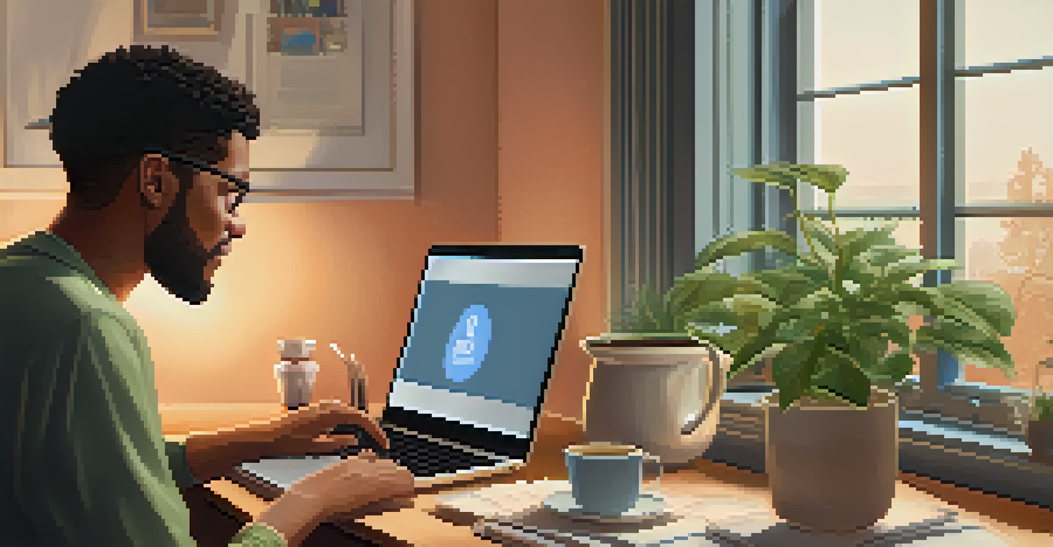 A person having a telehealth consultation at home, with a laptop and a calming atmosphere featuring a plant and a cup of tea.