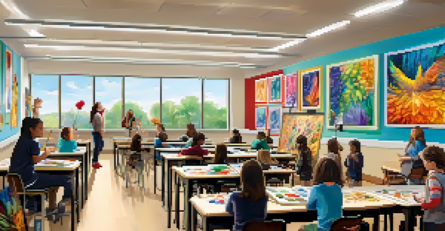 Students participating in an arts education program in a bright classroom with artwork displayed on the walls.