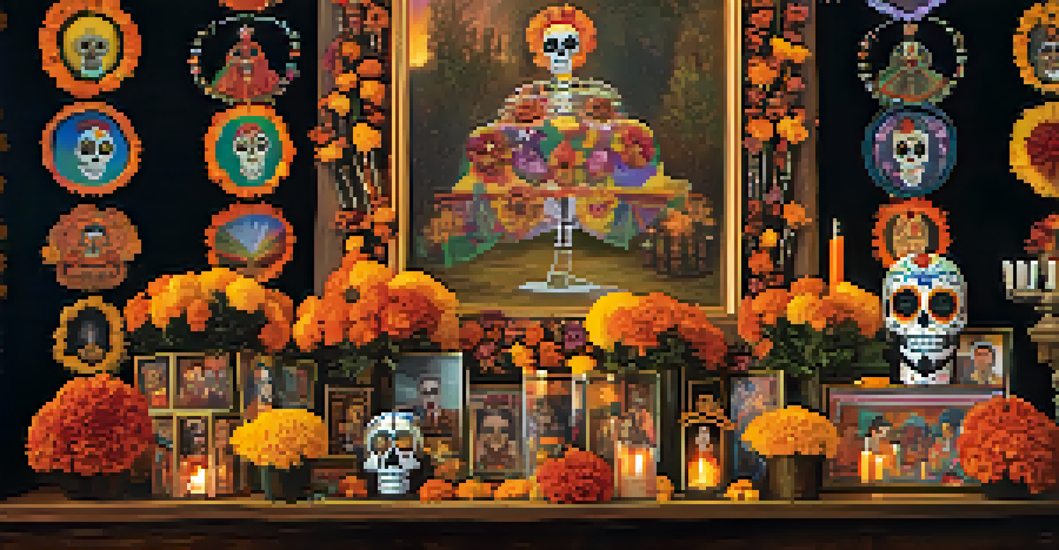 A Dia de los Muertos altar adorned with flowers and photos, with a parade in the background celebrating the holiday.