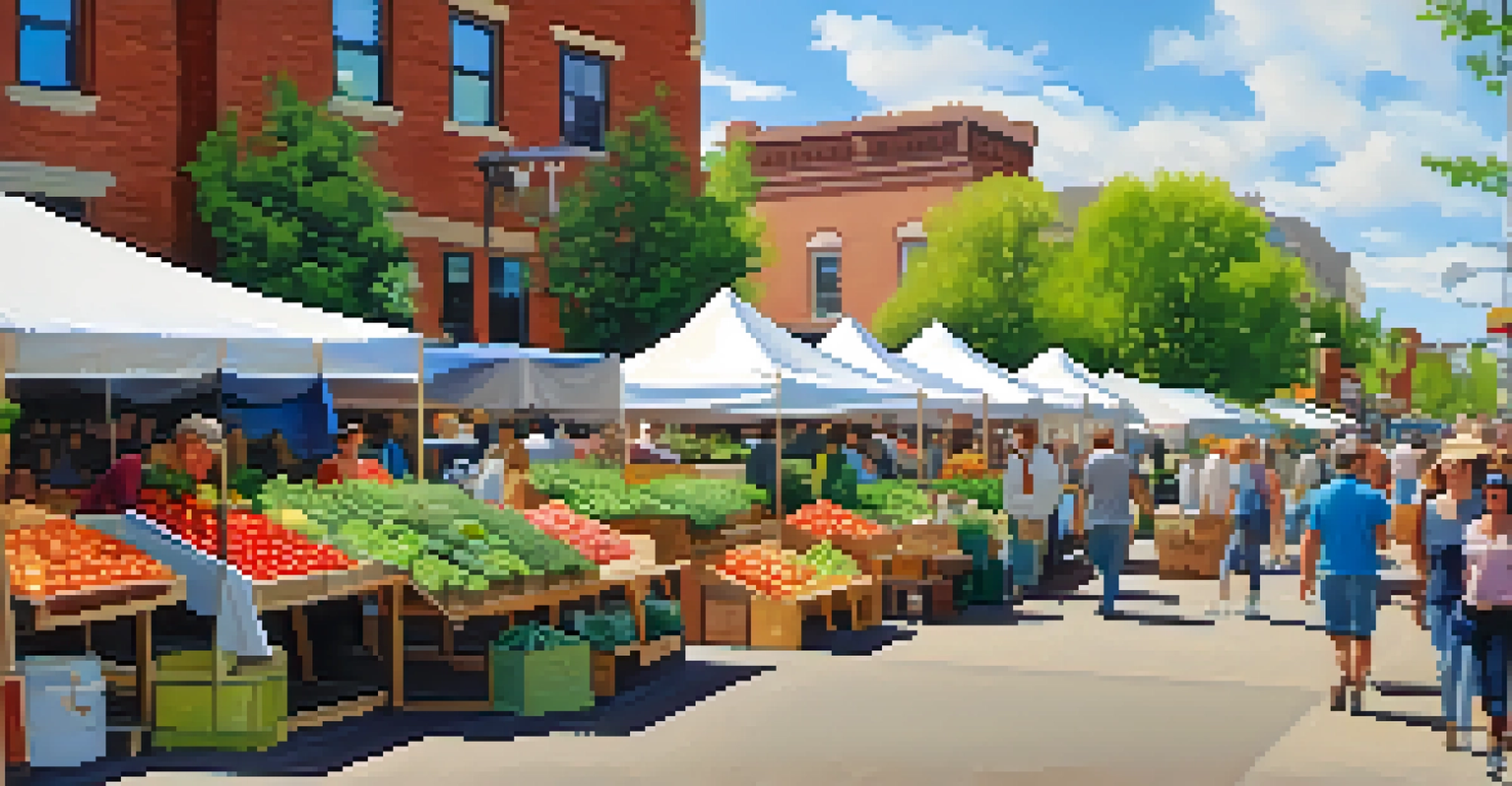 A lively farmer's market in a small Colorado town with local vendors and colorful tents under a clear blue sky.