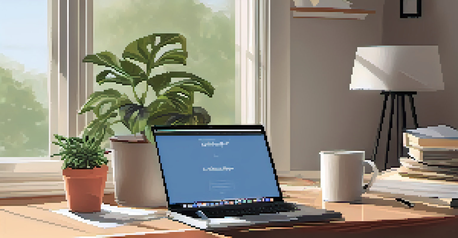 A well-organized desk with a laptop, notepad, coffee cup, and plant, ideal for students applying for scholarships.