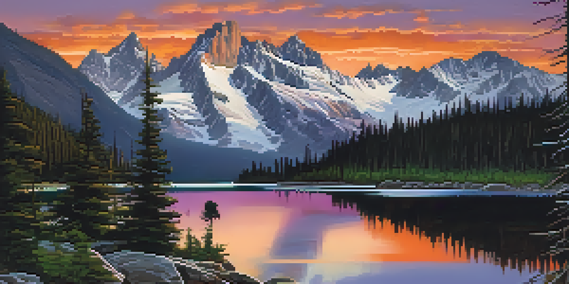 A scenic sunset view of the Rocky Mountains with a lake in the foreground and a hiker on a trail.
