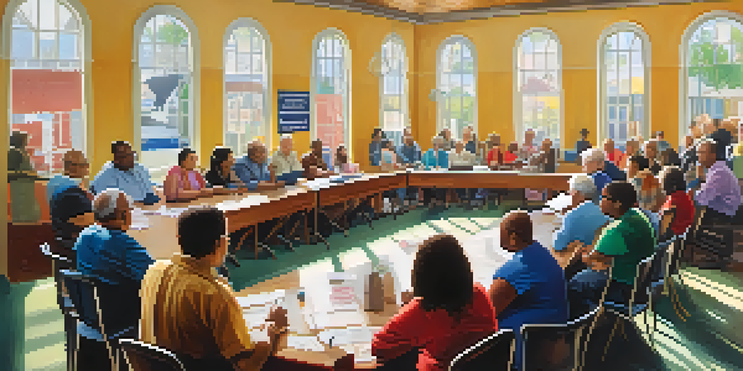 A diverse group of citizens engaged in a town hall meeting, discussing civic issues at a round table in a well-lit venue.