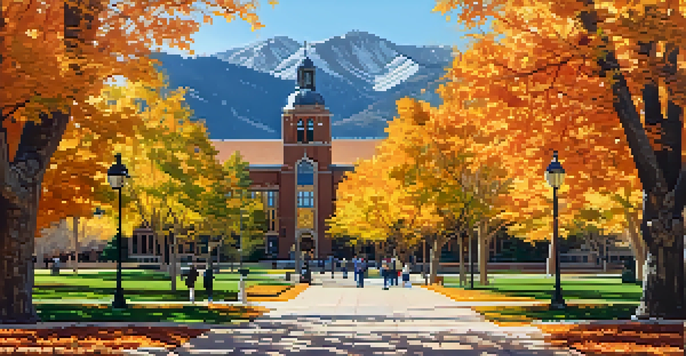 A picturesque autumn scene at the University of Colorado Boulder with colorful trees and students walking.