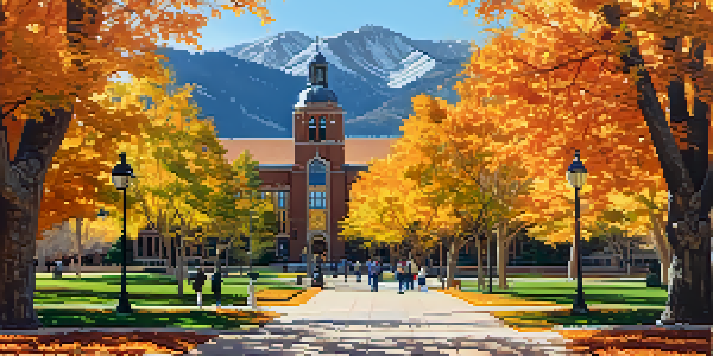 A picturesque autumn scene at the University of Colorado Boulder with colorful trees and students walking.