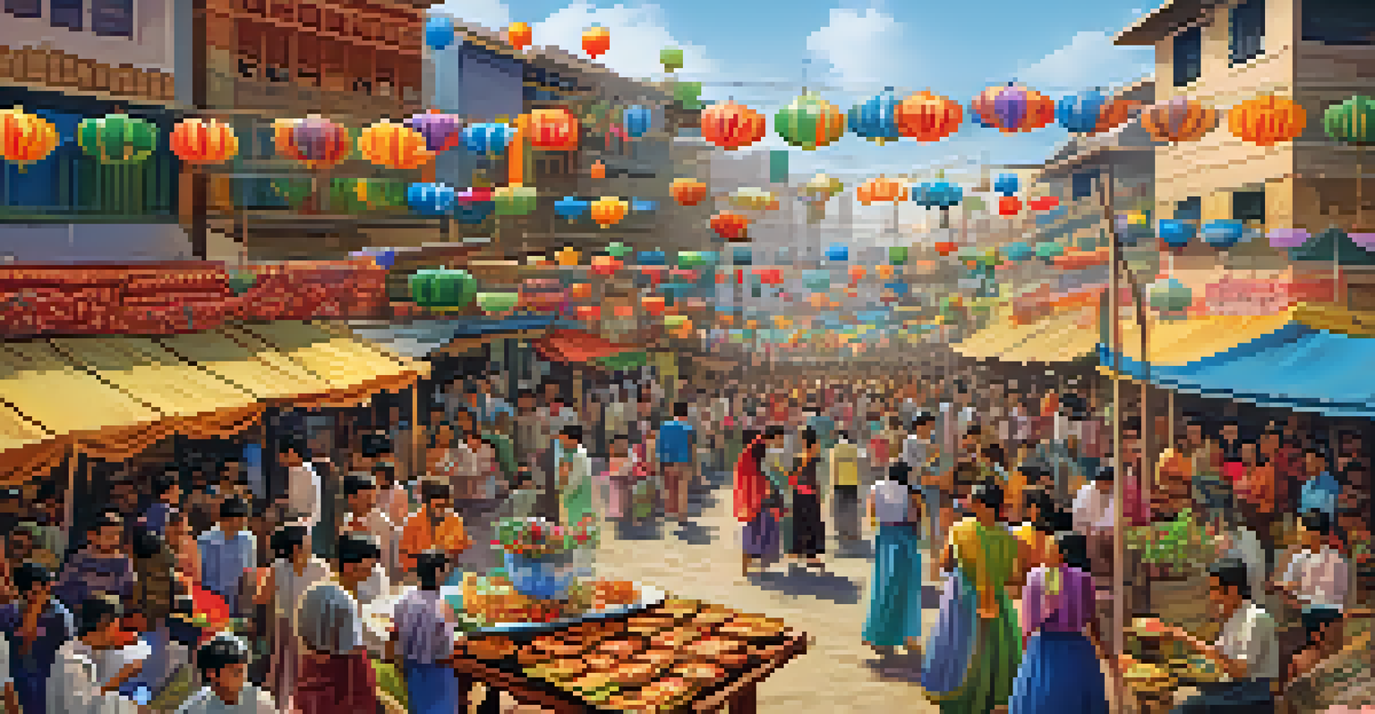 A vibrant cultural festival with food stalls and residents dancing, surrounded by urban buildings and decorations.