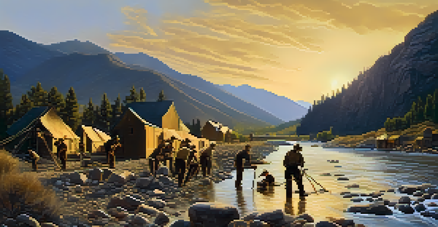Miners in a Colorado river using gold pans amid a rugged landscape during the Gold Rush, with mountains in the background.