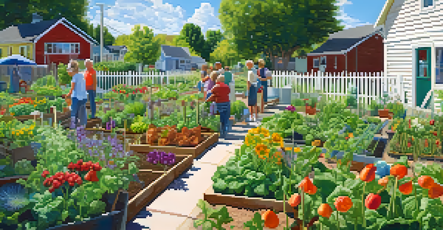 A community garden in Colorado with people gardening, surrounded by colorful vegetables and flowers, showcasing community involvement.