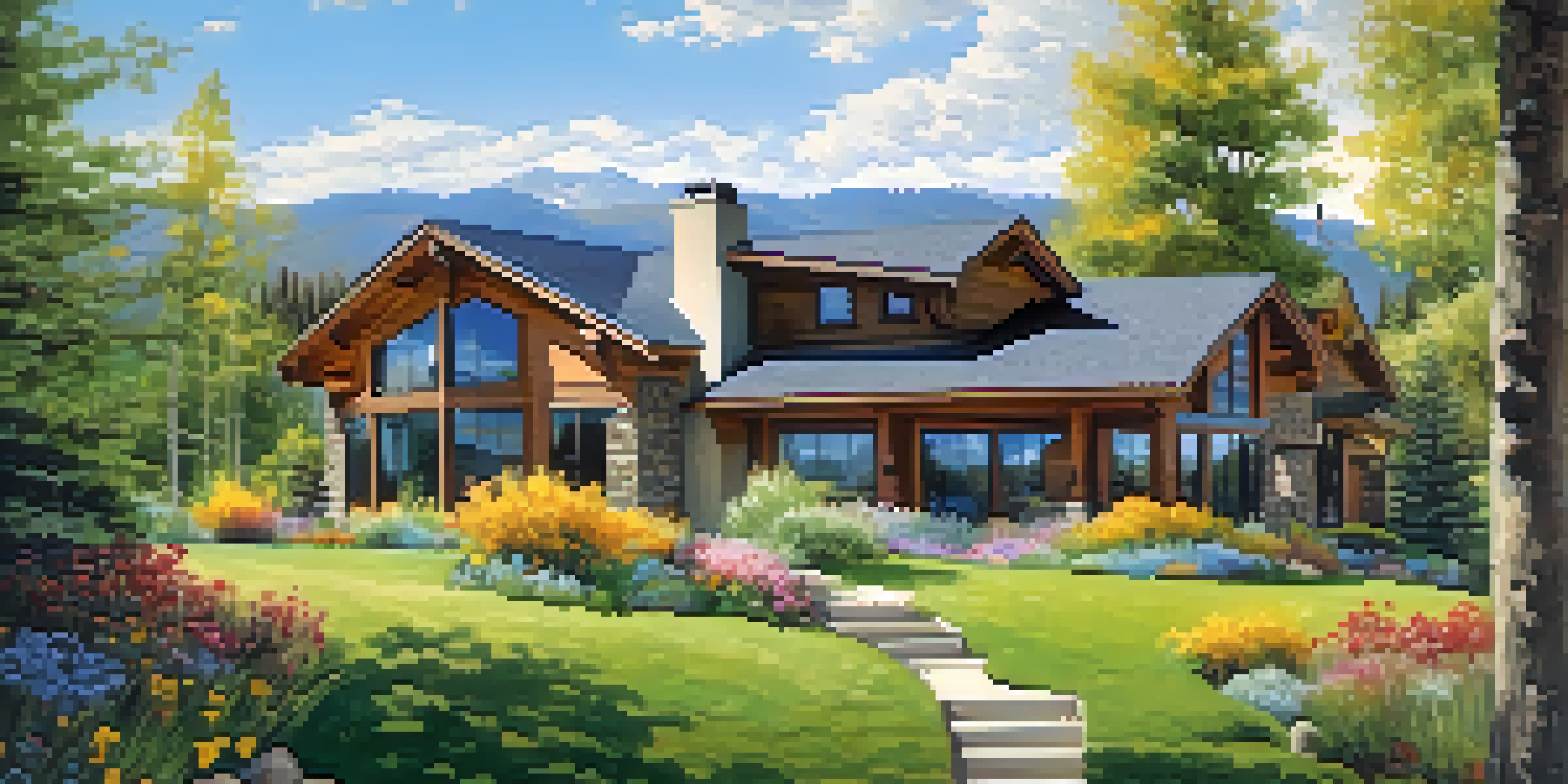 A modern home set against the backdrop of the Colorado mountains, surrounded by greenery and wildflowers under a blue sky.