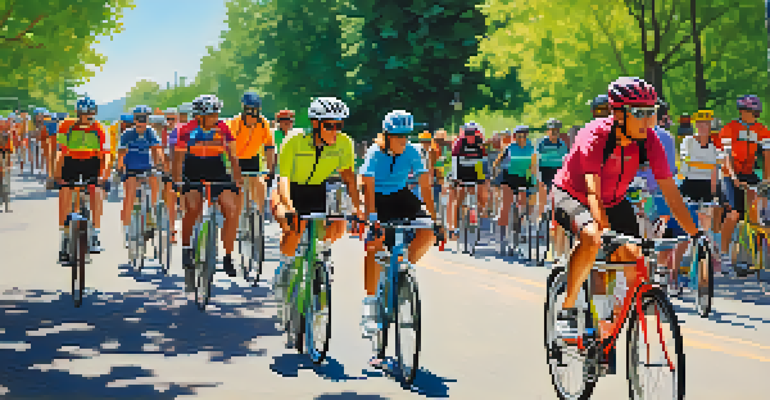A diverse group of cyclists dressed in colorful gear gathered in a park for a local cycling event in Colorado with bikes and greenery around.
