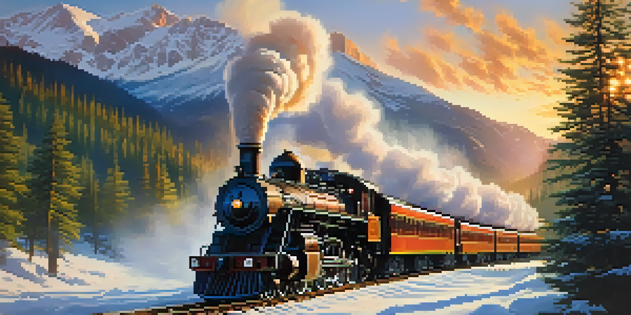 A vintage steam train moving through the Rocky Mountains, with trees and snow-capped mountains in the background during sunset.
