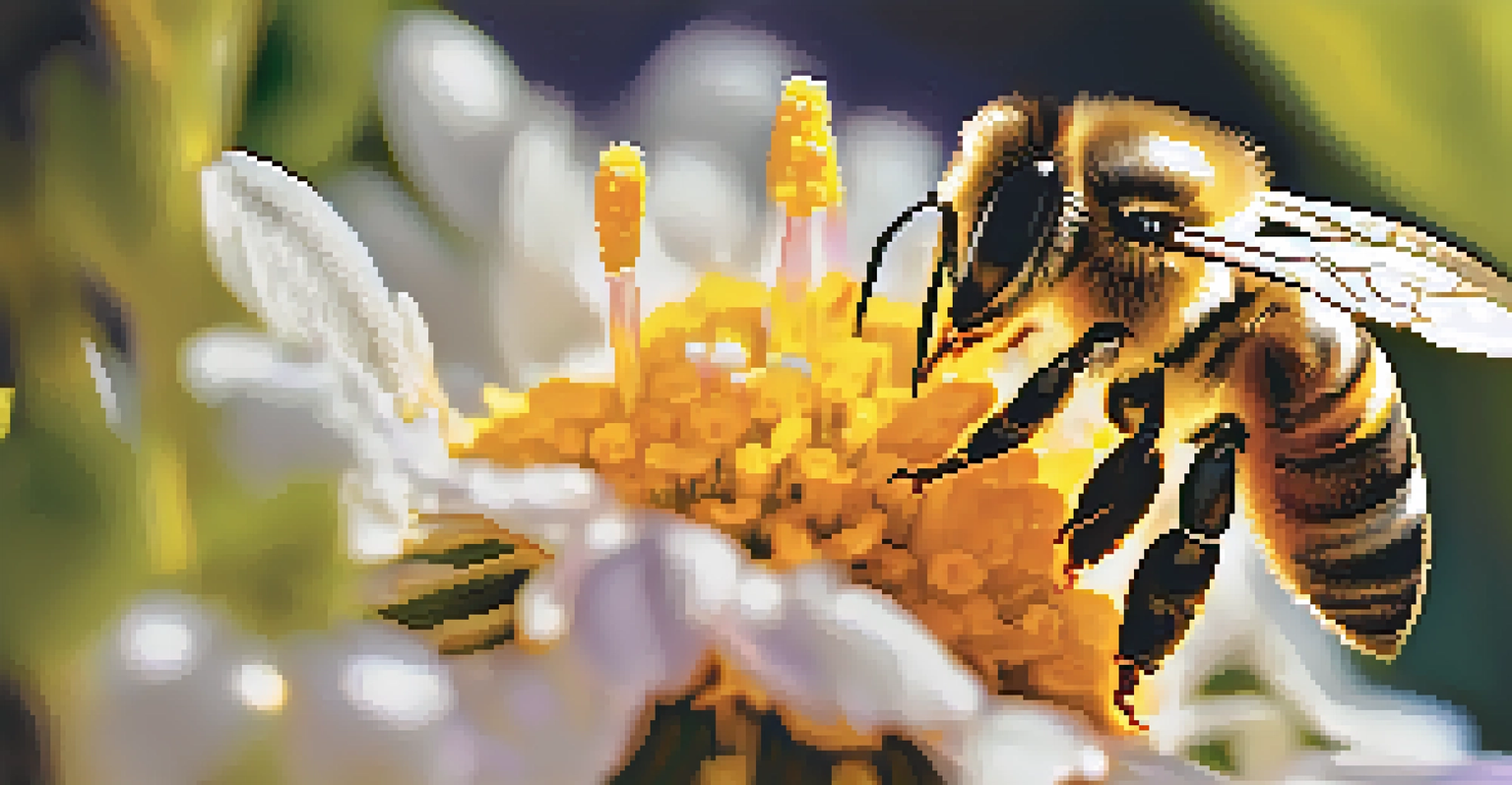 Close-up of a honeybee pollinating a wildflower, with soft sunlight and a blurred background.
