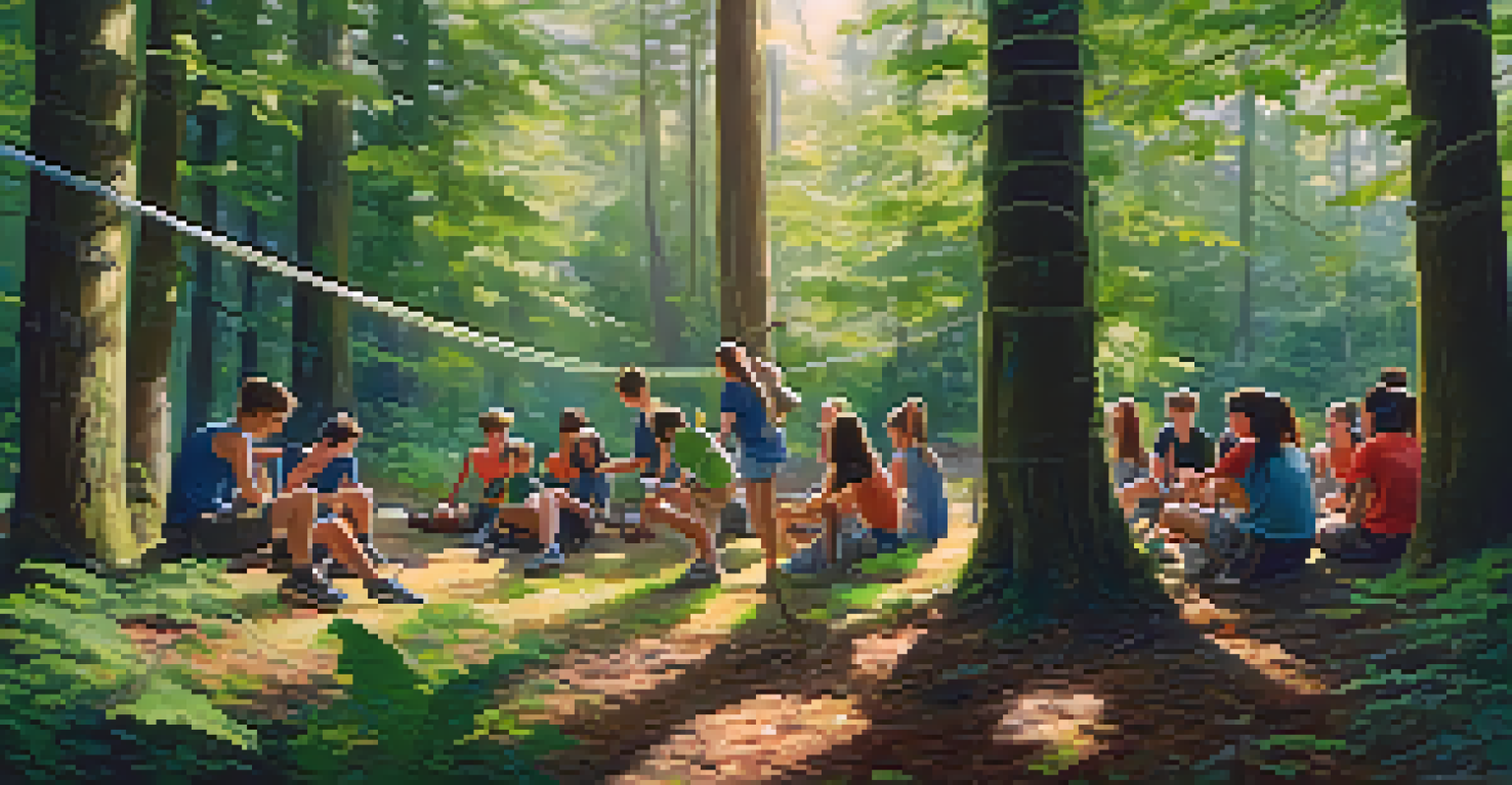 Teenagers participating in a team-building exercise in a forest clearing, surrounded by trees and dappled sunlight.