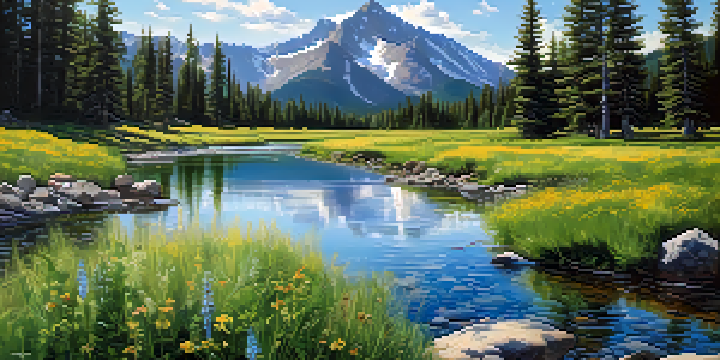 A peaceful alpine stream in Colorado, bordered by vibrant green forests and colorful wildflowers, with sunlight filtering through the trees.