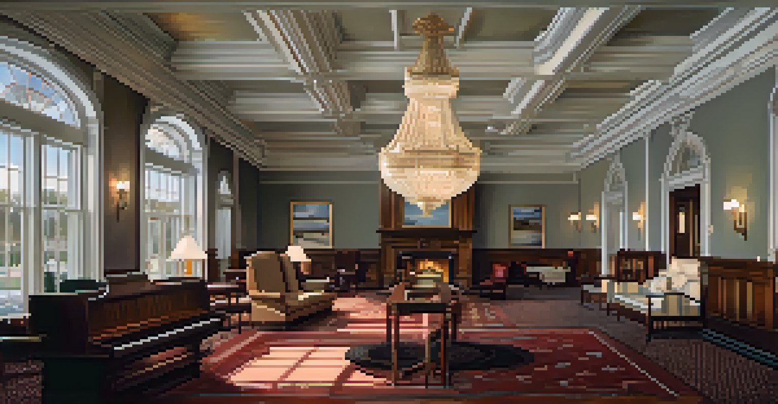 An interior view of the Stanley Hotel with grand architecture, vintage furniture, and guests in early 1900s attire.