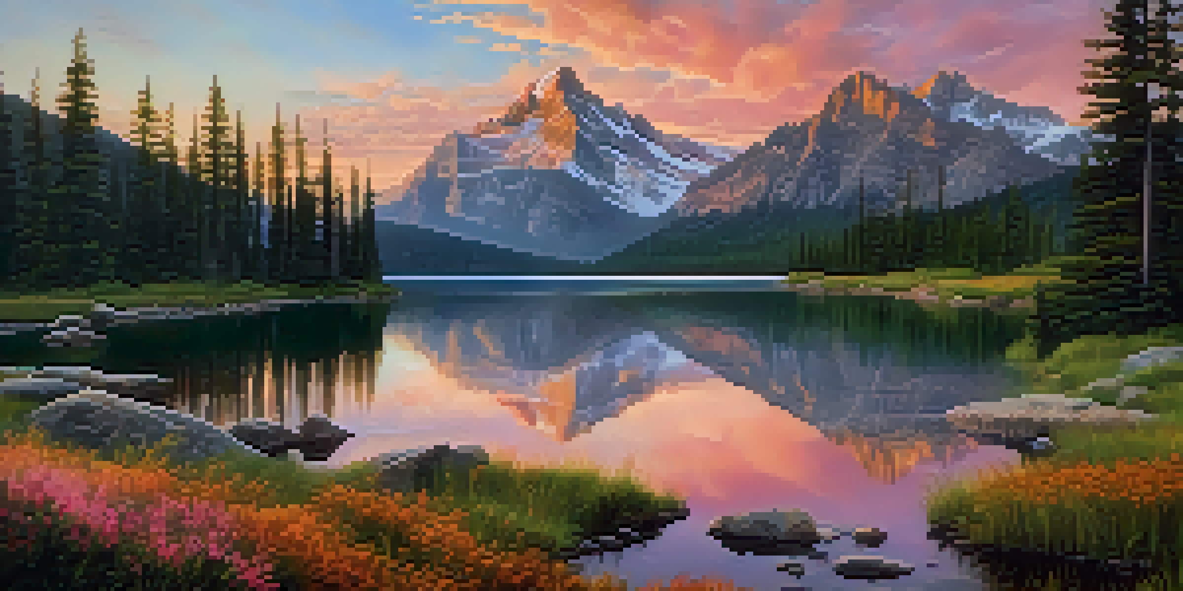 A scenic view of the Rocky Mountains at sunrise, with a lake reflecting the mountains and hikers on a trail.