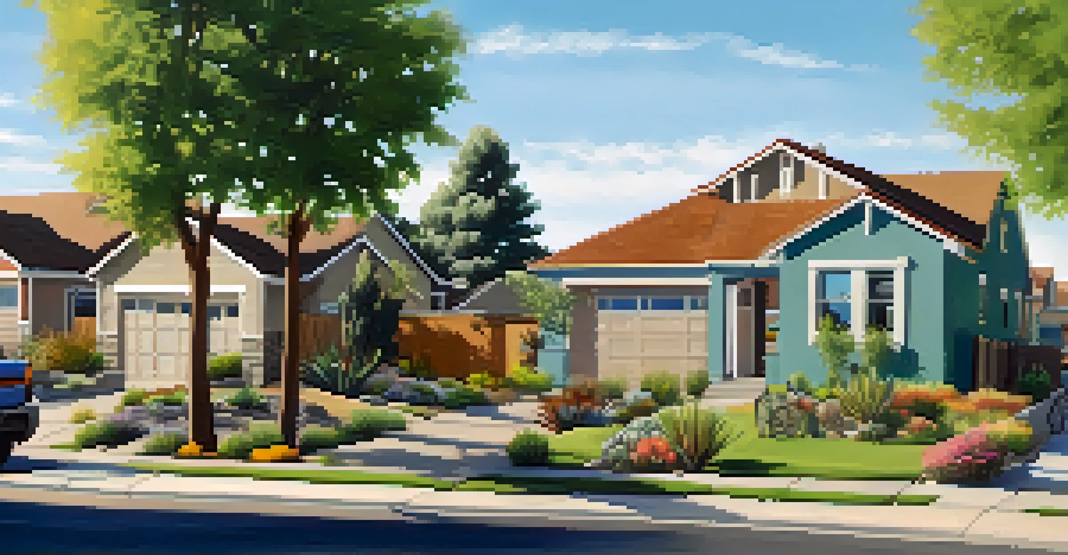 A suburban neighborhood in Colorado showcasing xeriscaping with drought-resistant plants and residents attending a water conservation workshop.