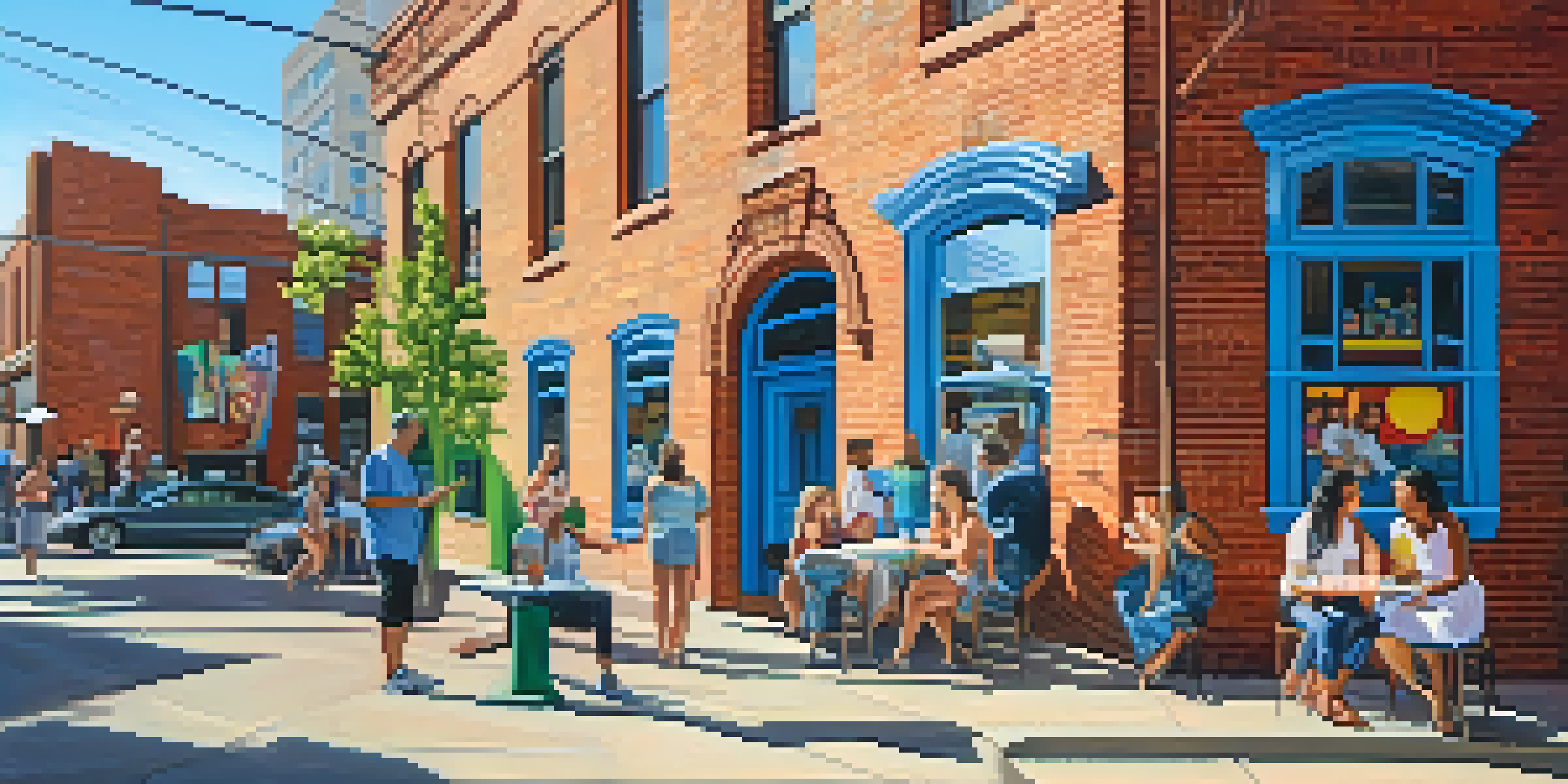 A lively street in the River North Art District with colorful murals, artists, and people enjoying the sunny day.