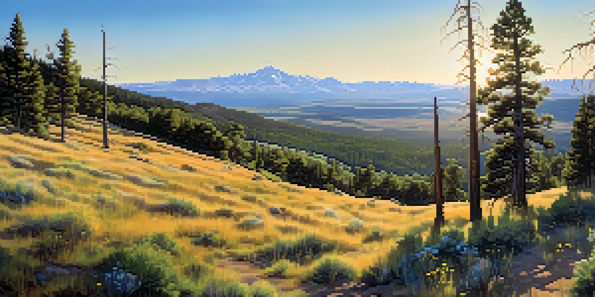 A panoramic view of Colorado's diverse landscapes with forests, plains, and mountains under a clear blue sky, showcasing a mix of greenery and dry grasses.