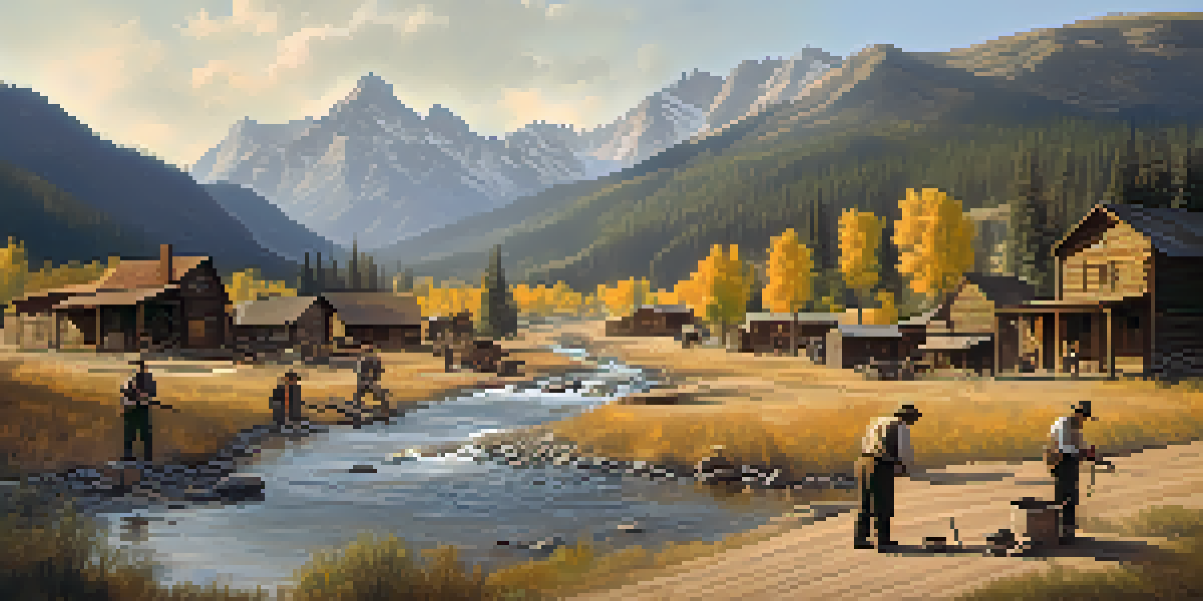A panoramic view of a rustic Colorado mining town during the Gold Rush era, featuring miners in period clothing and wooden buildings against the Rocky Mountains.