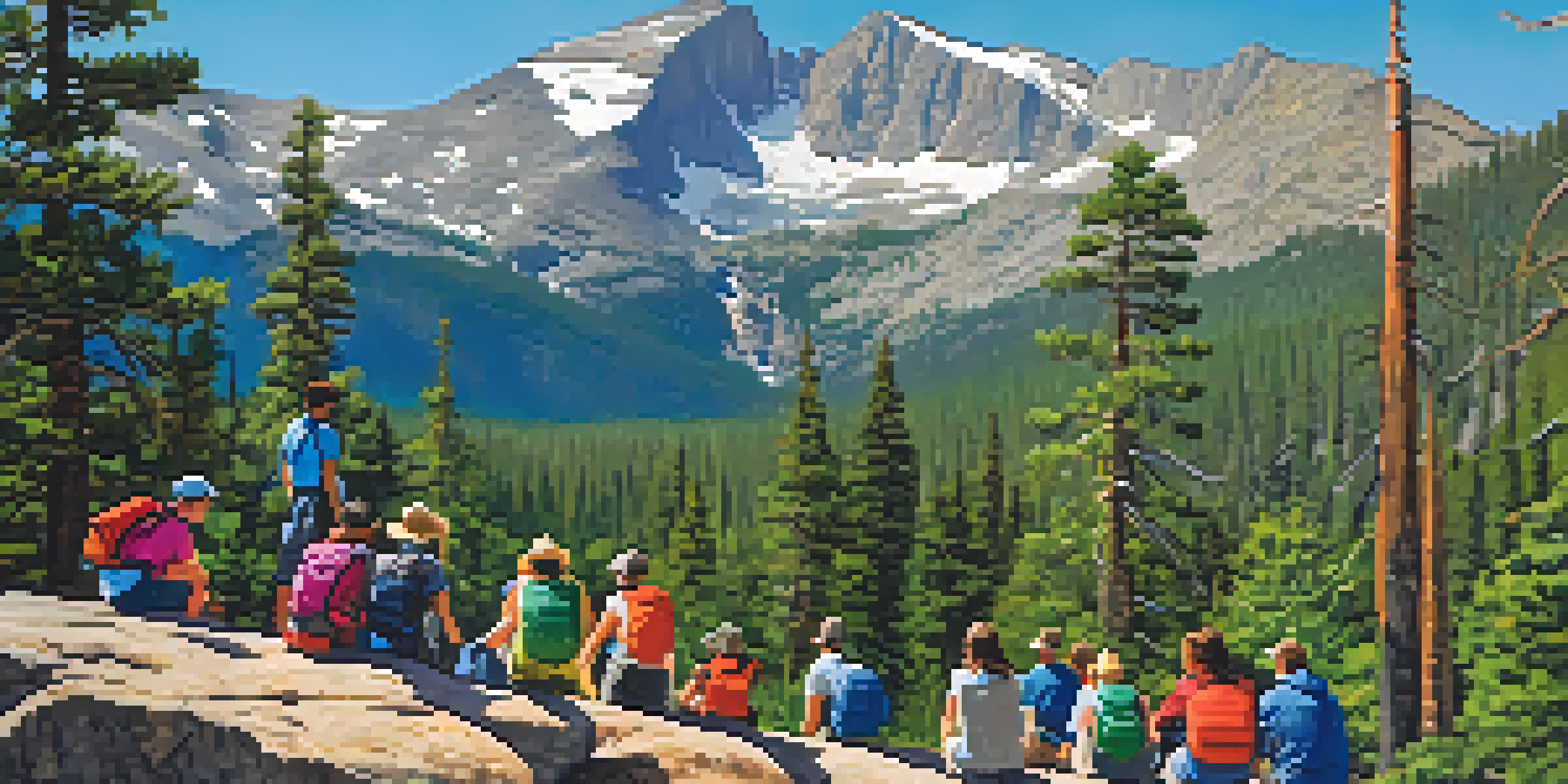 Students hiking in a forested area of Rocky Mountain National Park, with an instructor pointing towards a mountain.
