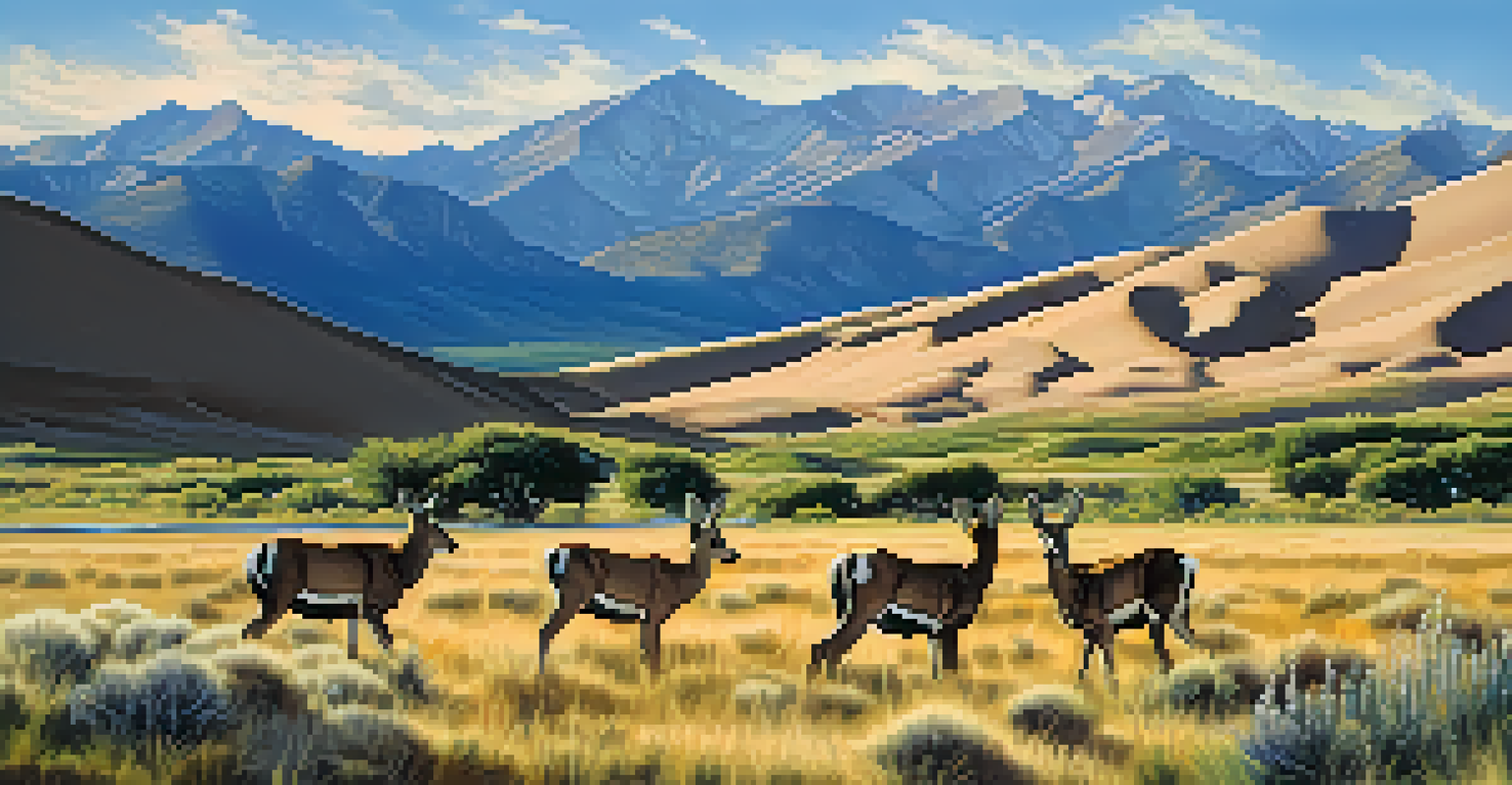 Great Sand Dunes National Park with mule deer near a stream and mountains in the background.