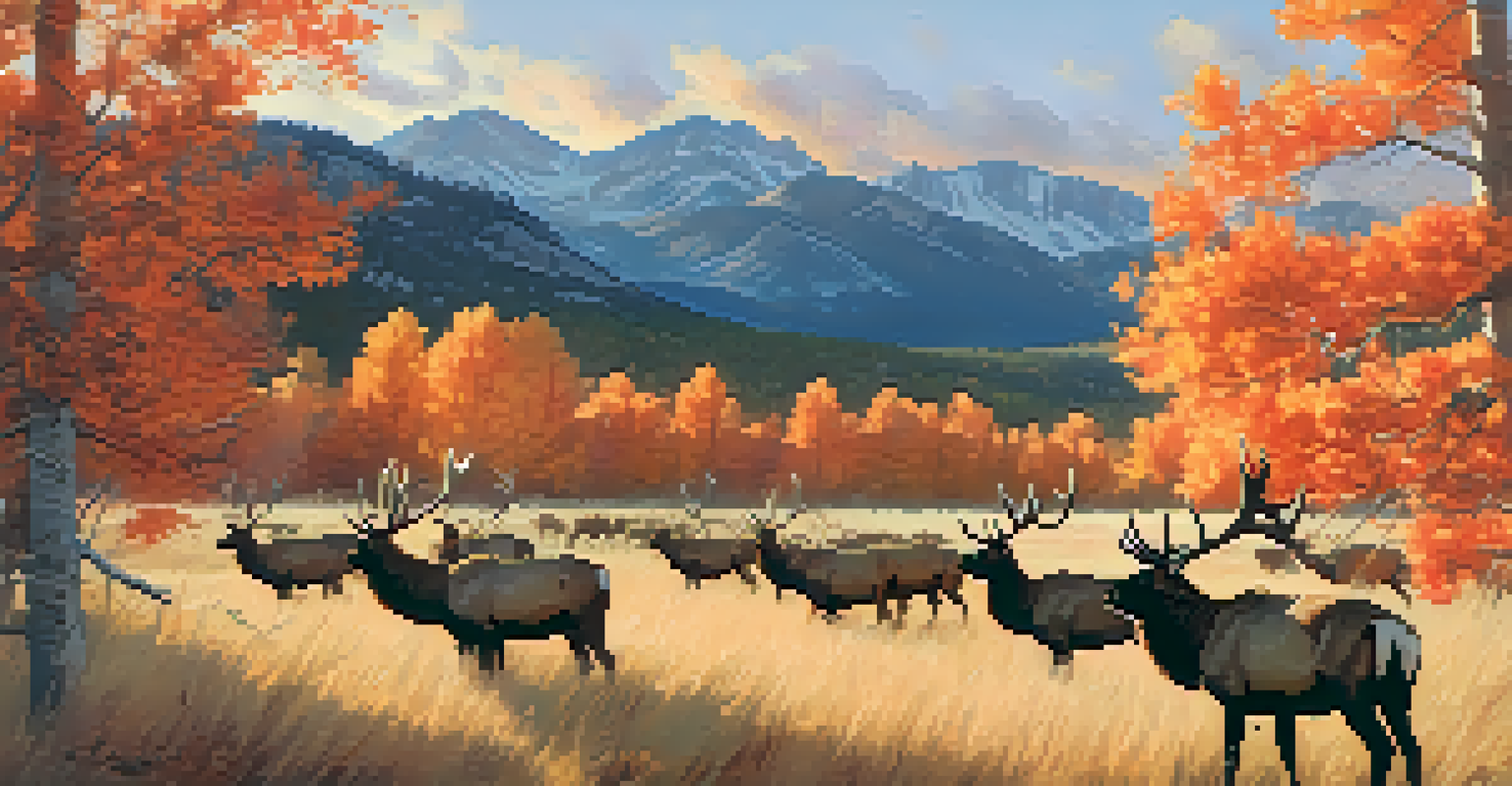 An autumn landscape in Estes Park with elk grazing amidst colorful foliage and a sunset illuminating the mountains.