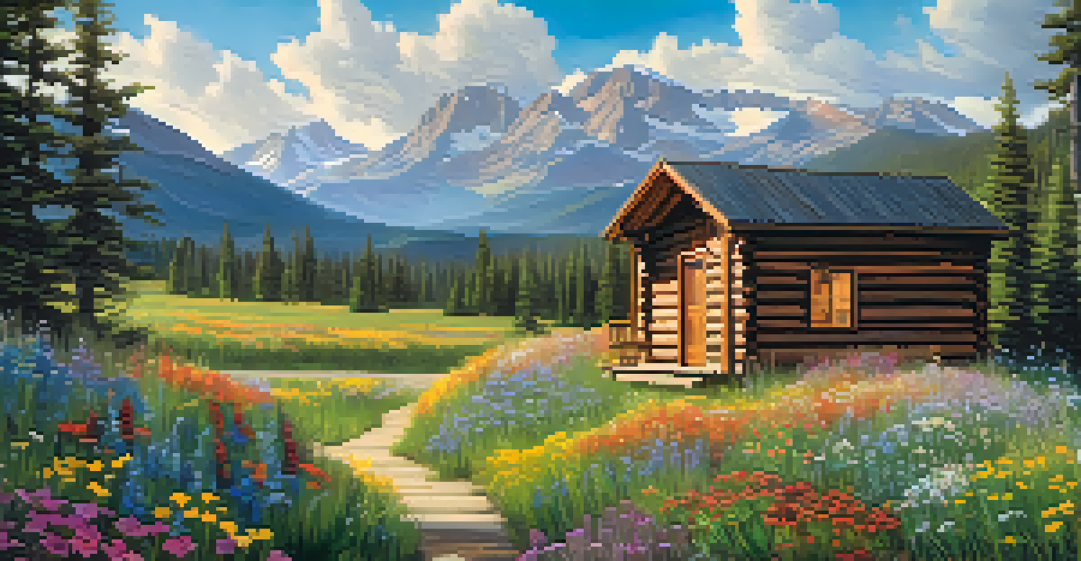 A mountain landscape in Colorado with a cabin, wildflowers, and a craftsman building furniture with reclaimed wood, framed by majestic mountains.