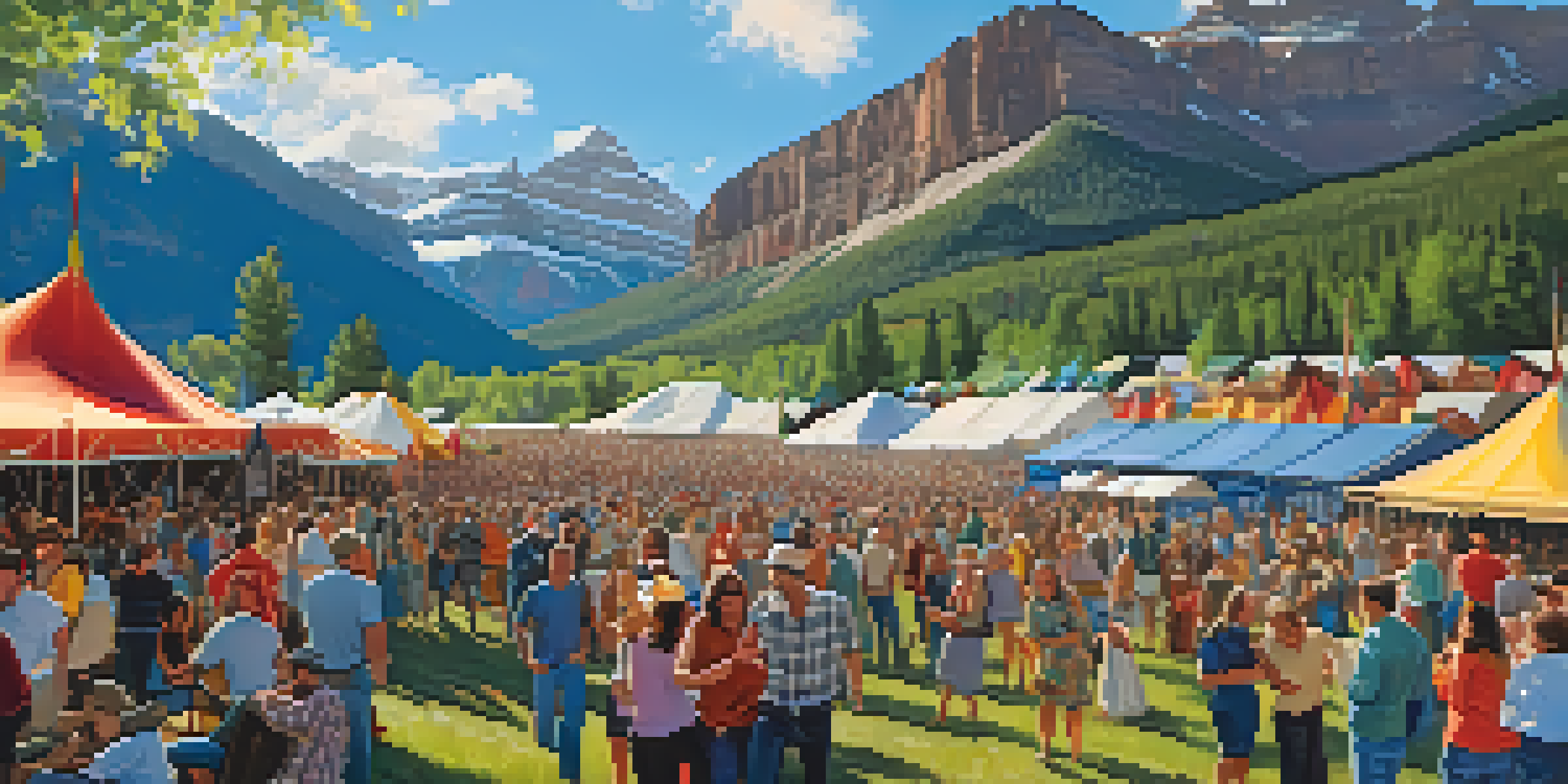 A lively outdoor bluegrass music festival in Telluride, featuring a crowd dancing and enjoying performances with mountains in the background.