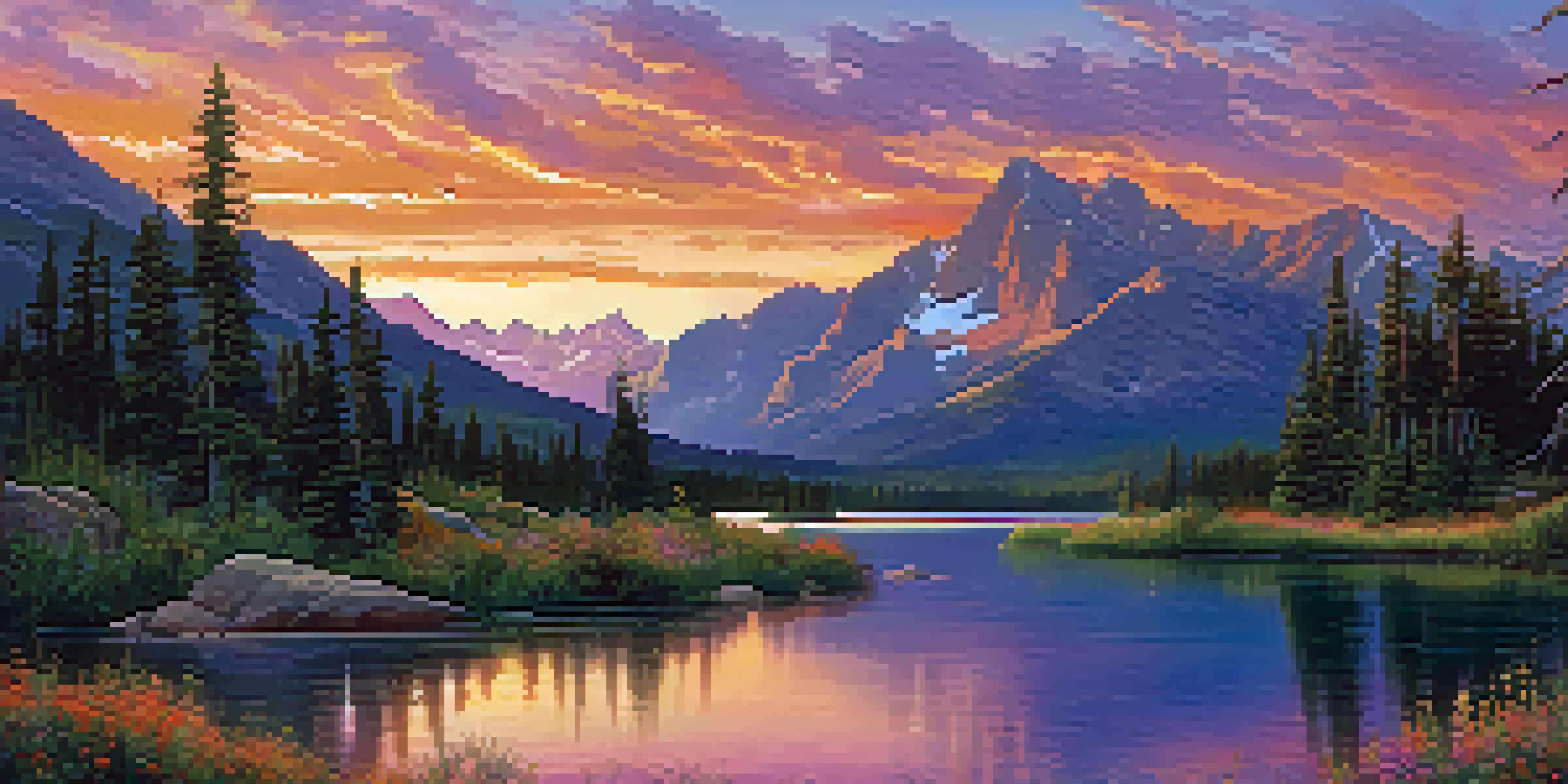 A picturesque view of the Rocky Mountains at sunset with a reflecting lake and colorful sky.