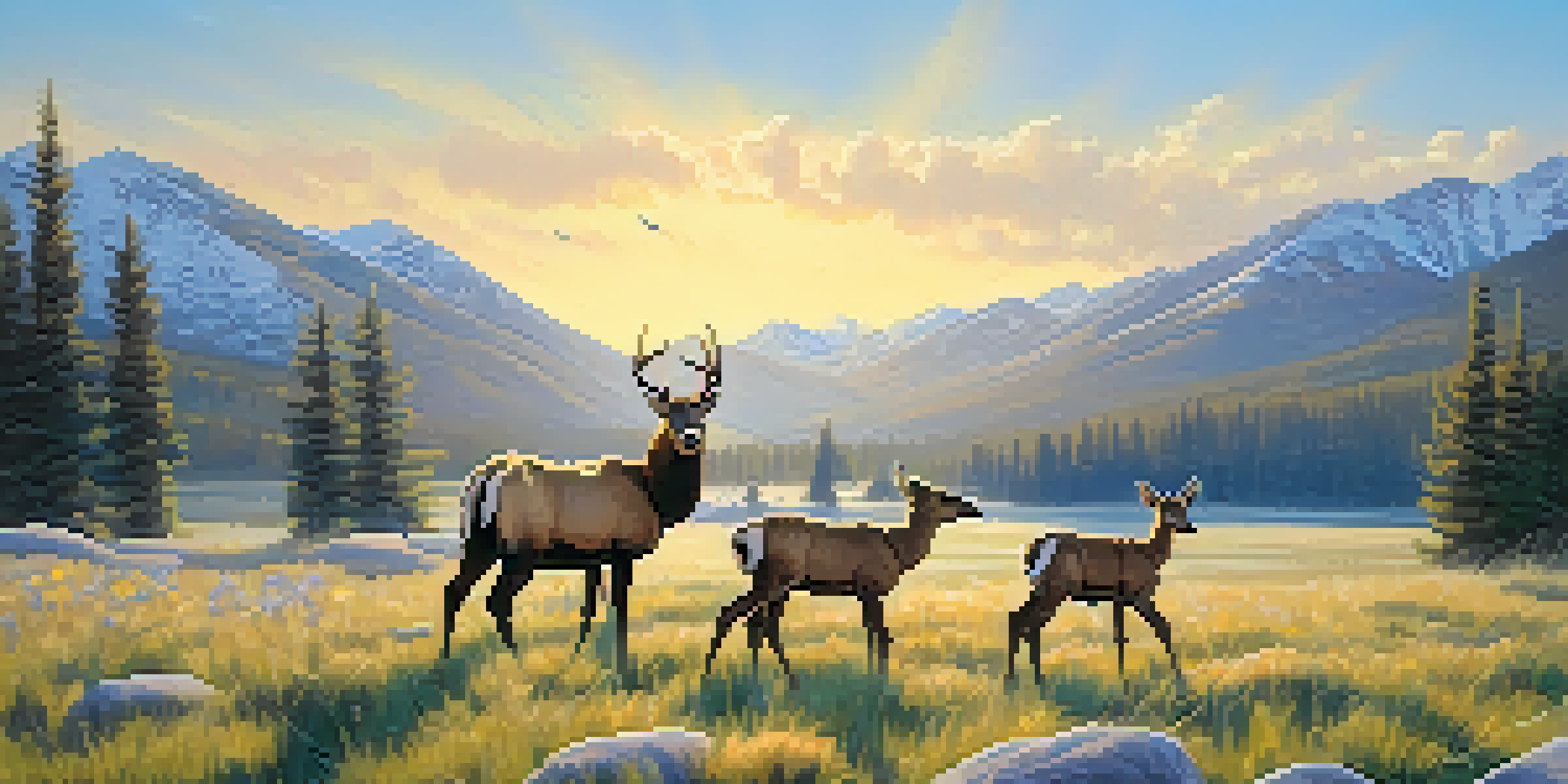 A peaceful spring scene in Colorado with newborn elk calves and colorful wildflowers, set against snow-capped mountains and a clear sky.