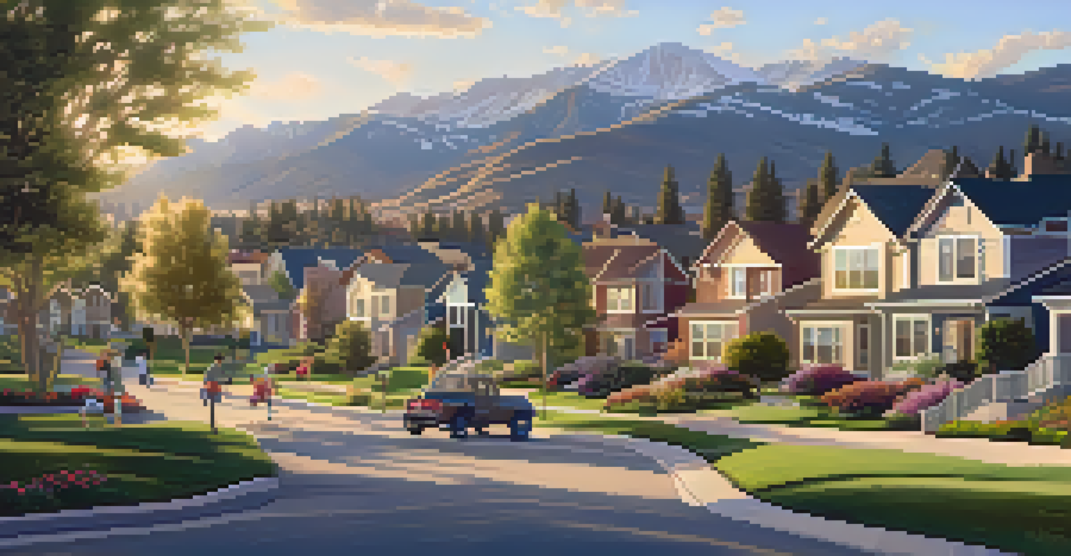 A tranquil suburban neighborhood in Colorado, showcasing spacious homes, flower gardens, and children playing, with mountains in the background during golden hour.