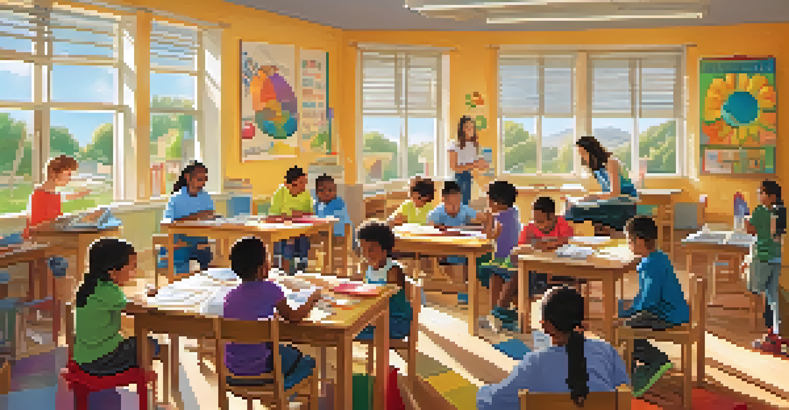 A bright classroom where volunteers are helping children with their studies, surrounded by colorful educational materials and books.