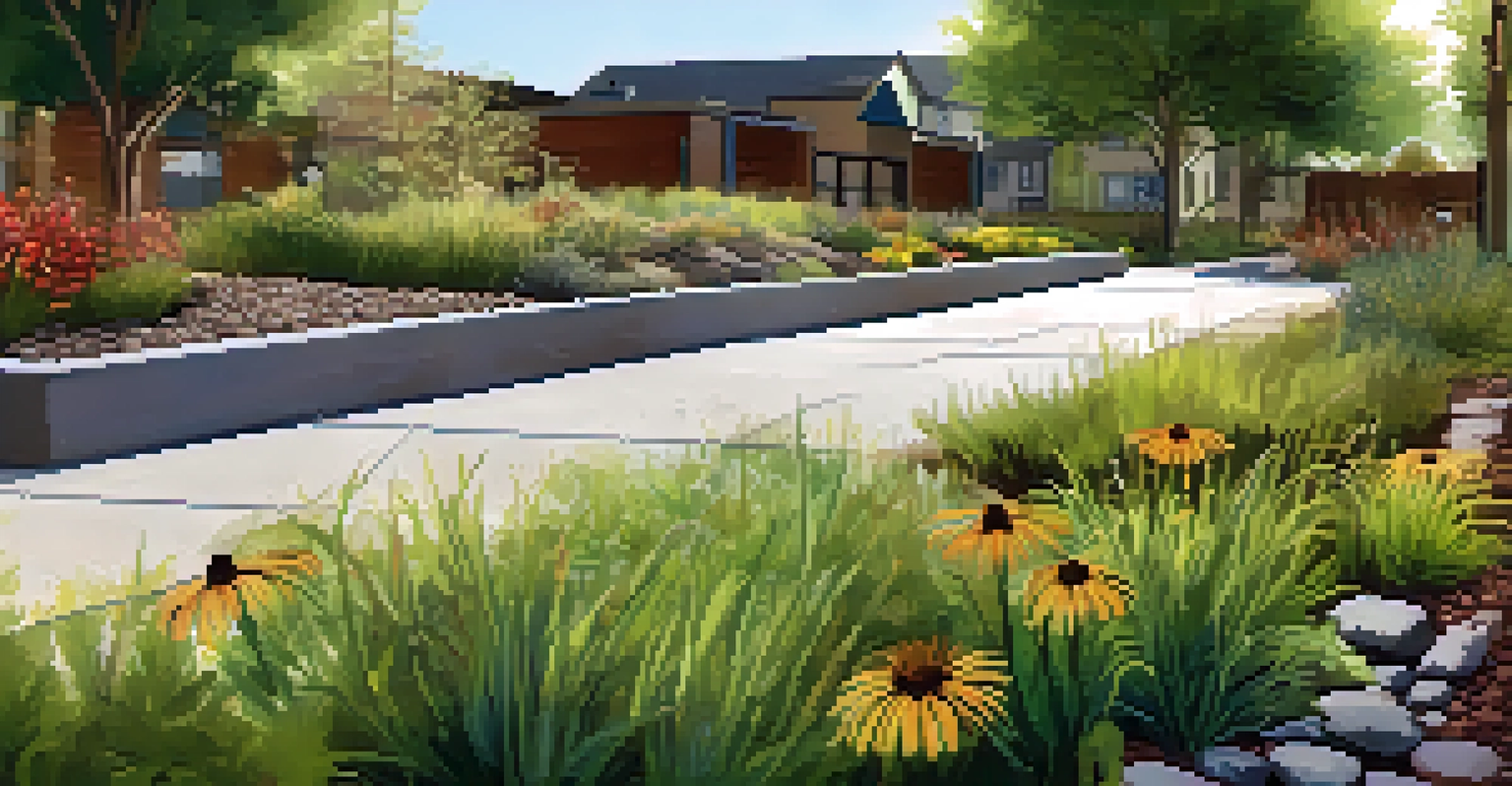 A close-up of a rain garden in an urban setting, featuring native plants and permeable pavements, with sunlight filtering through the foliage.