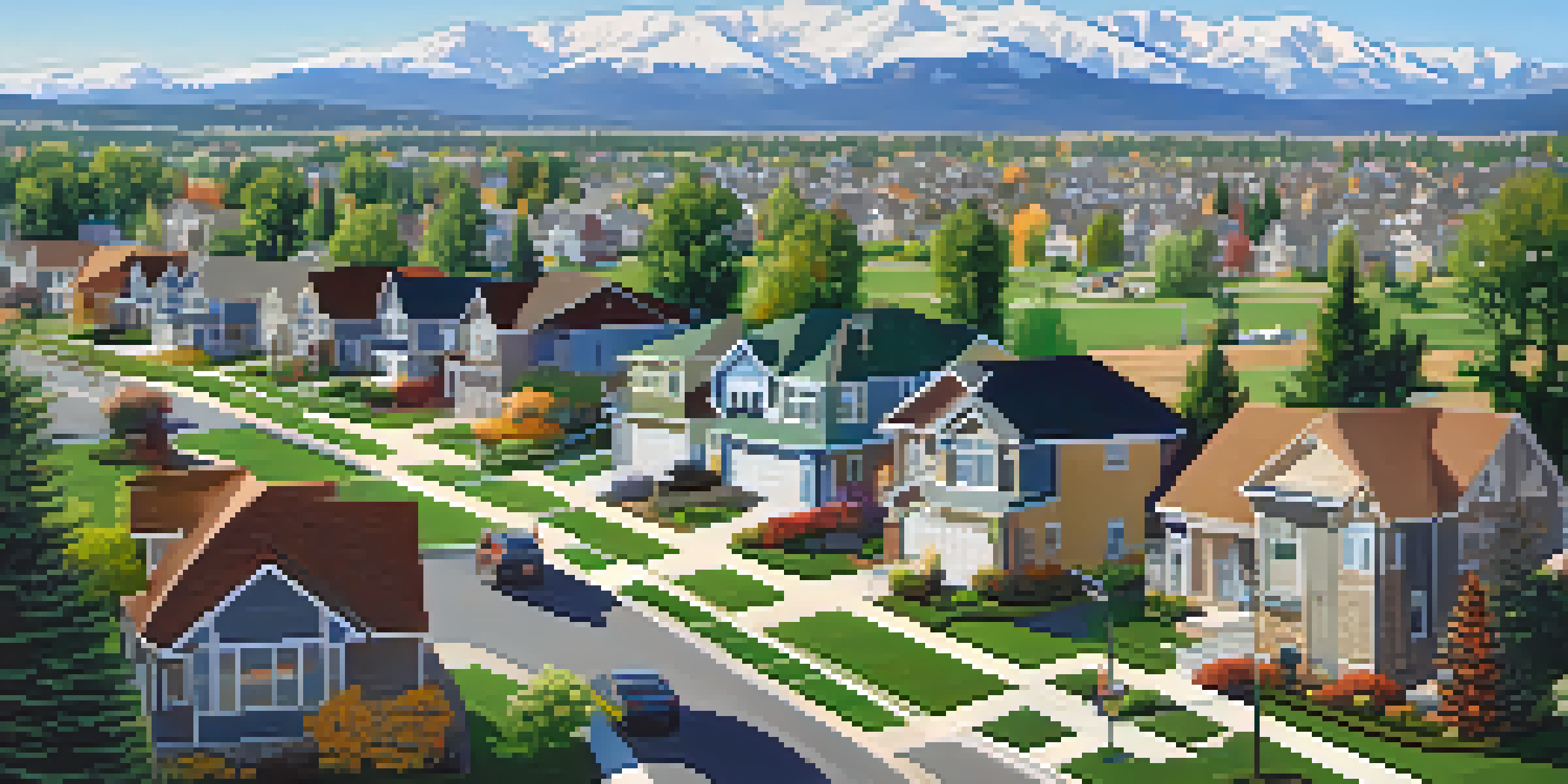 A beautiful suburban neighborhood in Colorado with modern homes, colorful gardens, and mountains in the background under a clear blue sky.