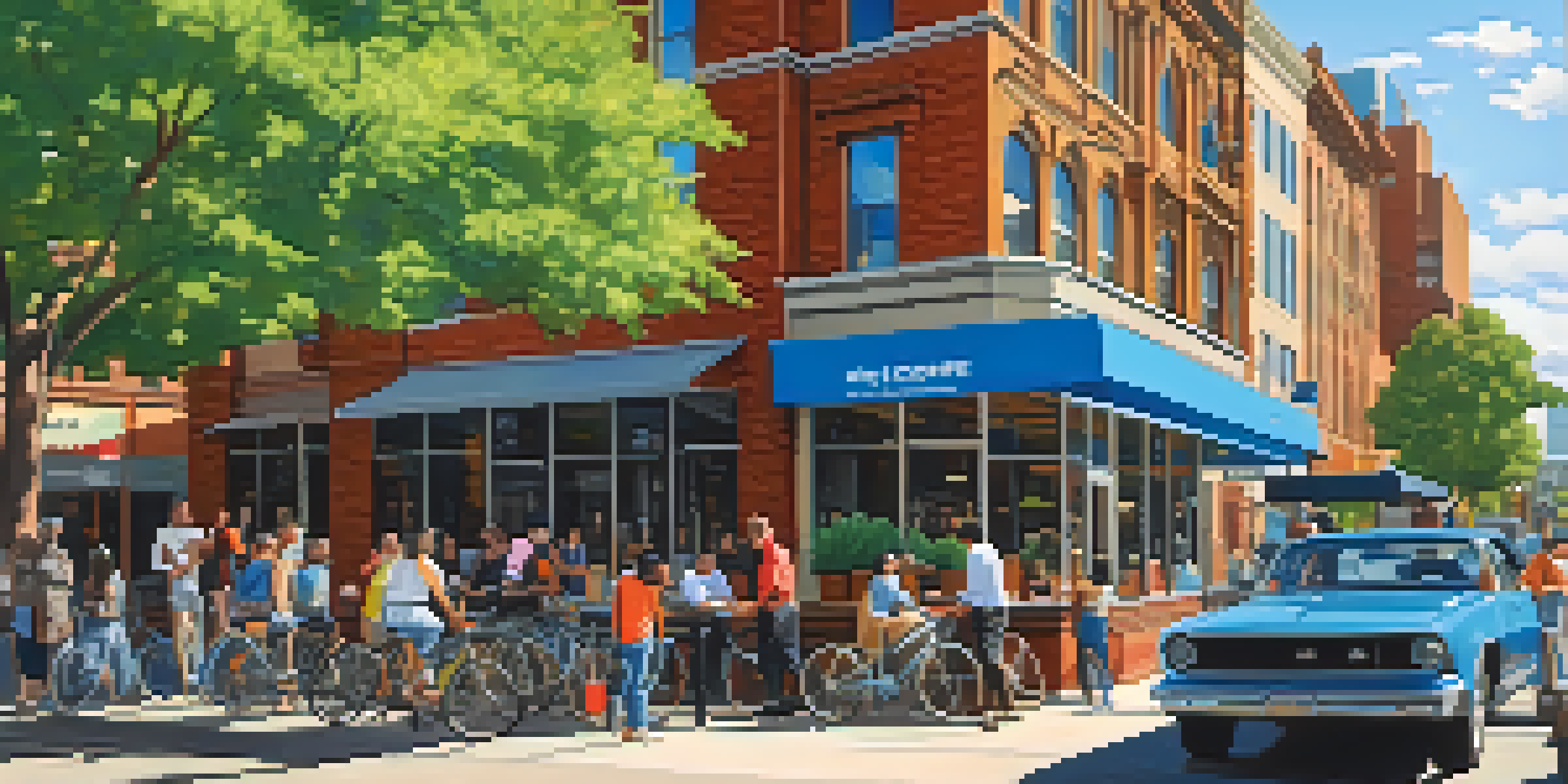 A lively urban scene in Denver with professionals interacting outside a coffee shop, surrounded by skyscrapers and greenery.