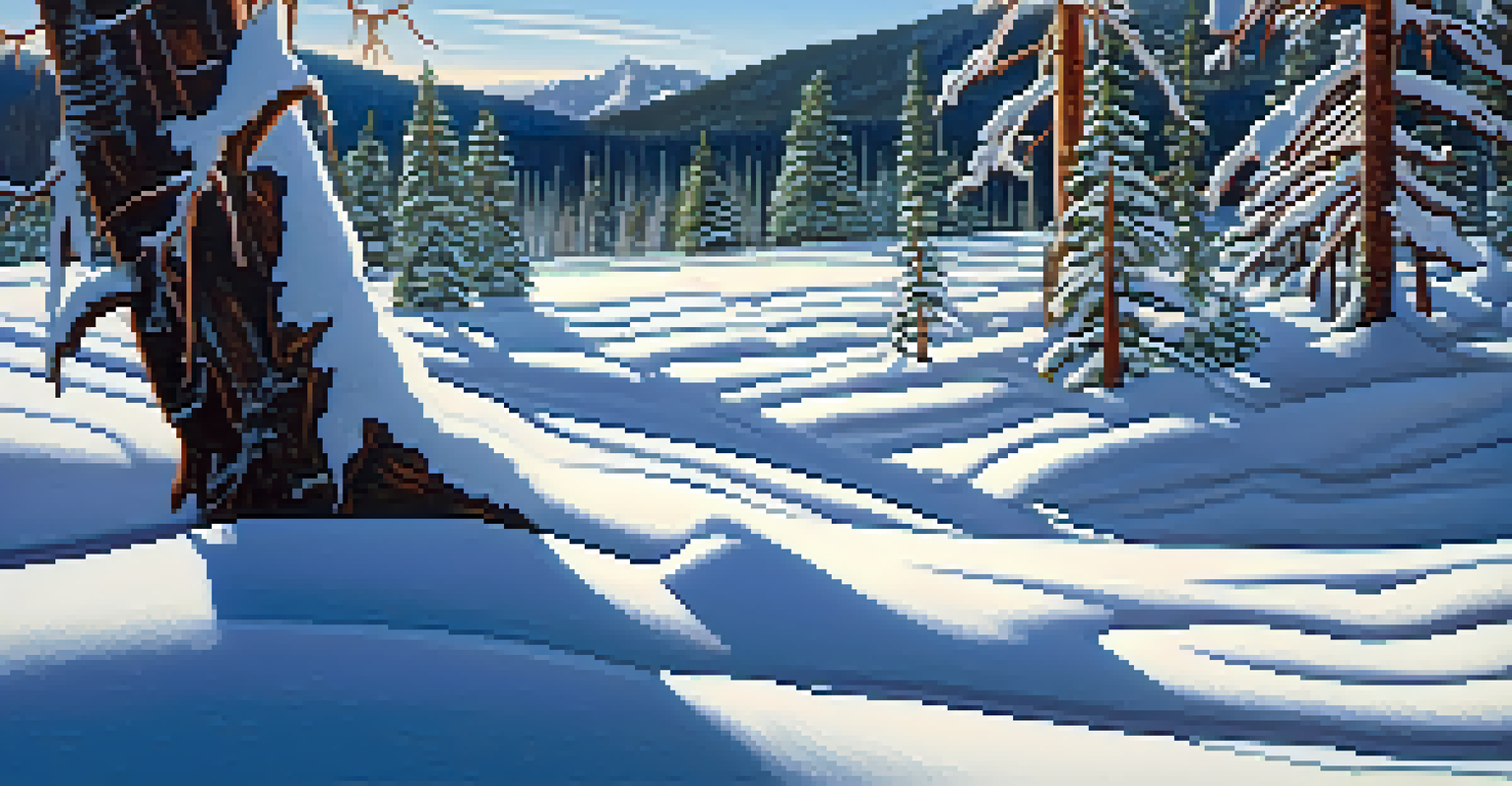 A close-up view of fresh snow in a Colorado forest with mountain peaks in the background.